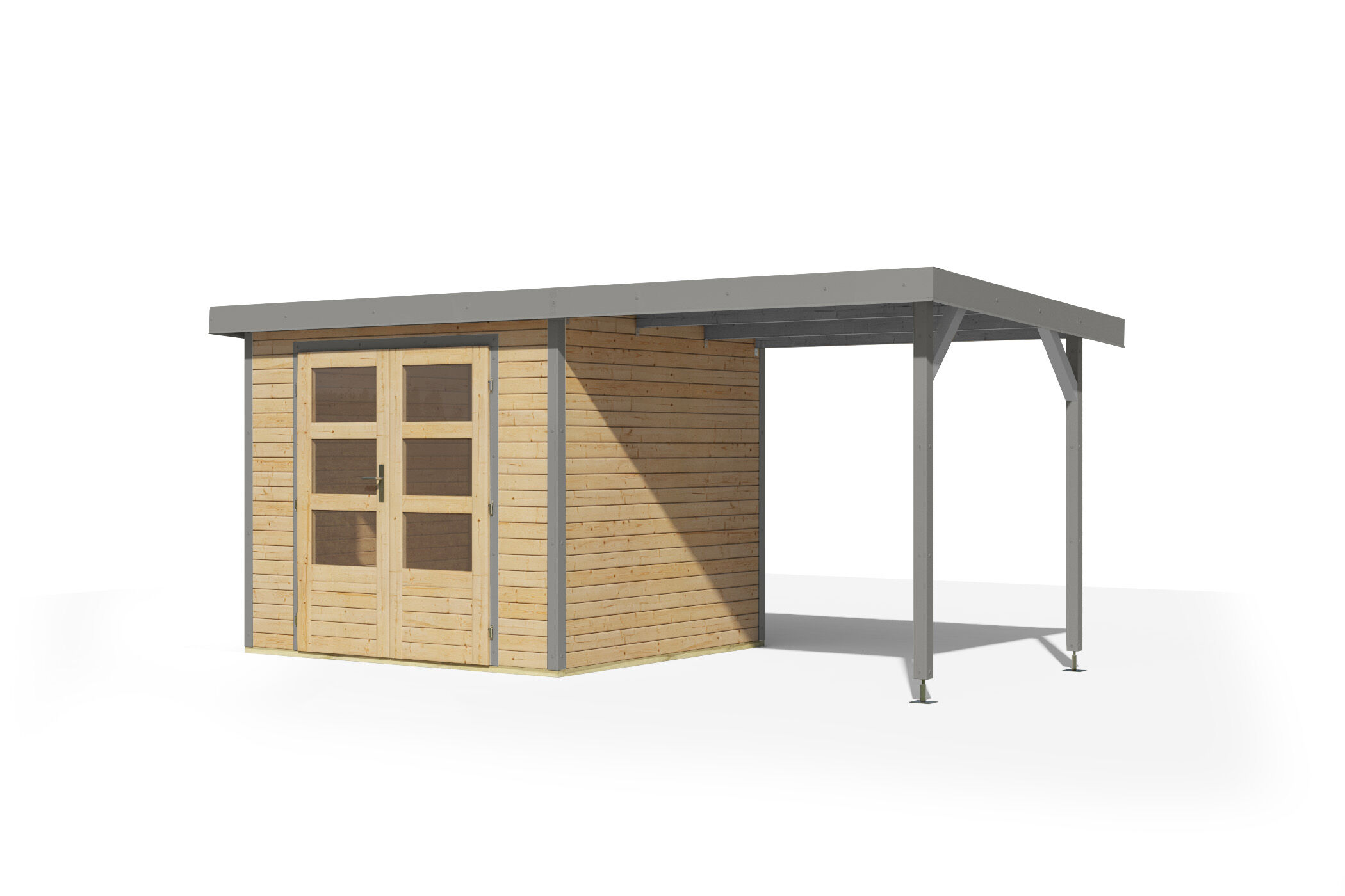 Karibu Pultdach Holz & Metall Gartenhaus Jupiter 3 Set mit Anbaudach 2,35 m, naturbelassen / graualuminium