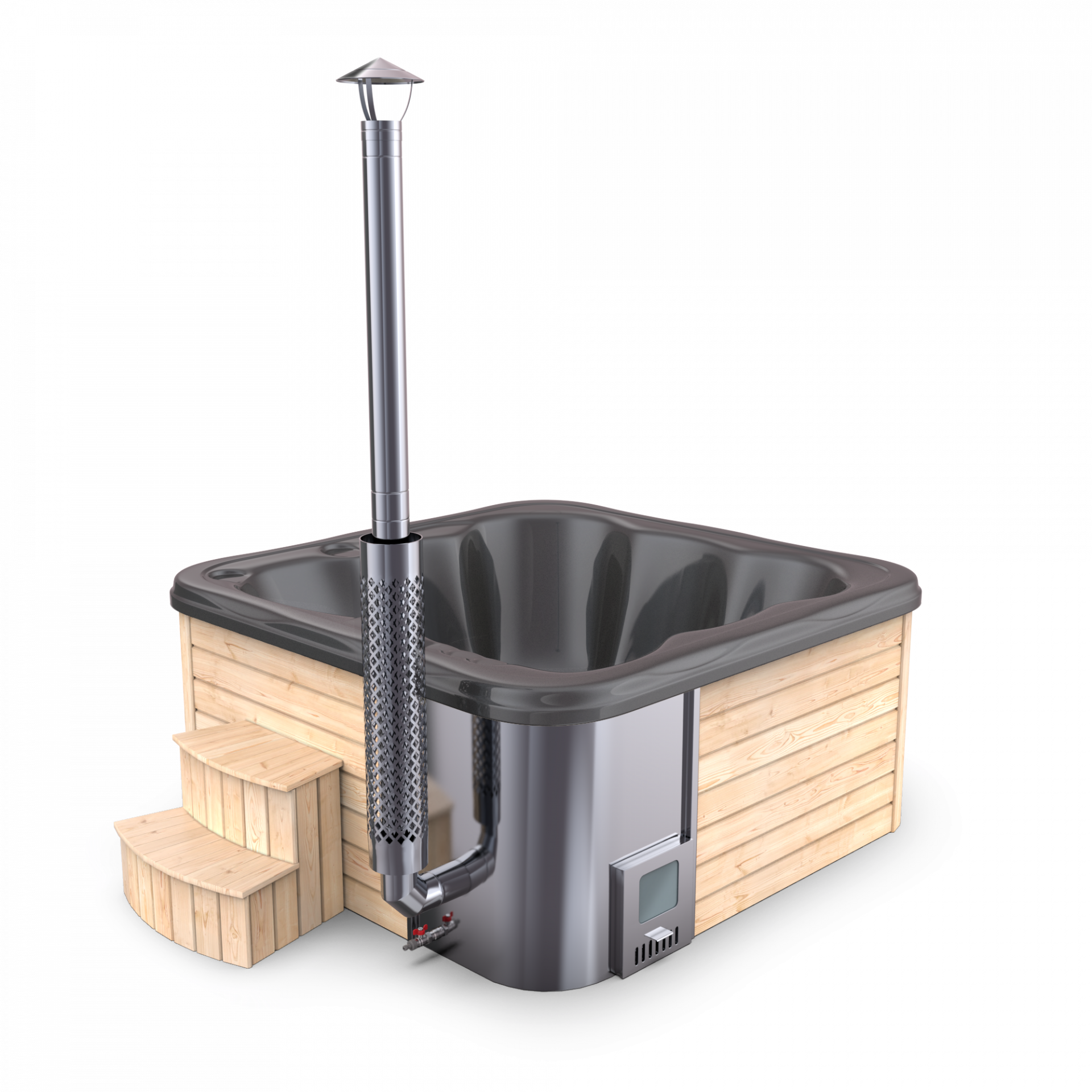 SPANOVA Hot Tub Premium 220 – Fichte Whirlpool mit integriertem Holzofen & Acrylwanne, Weiß marmoriert, Holzofen - 35kw V2A