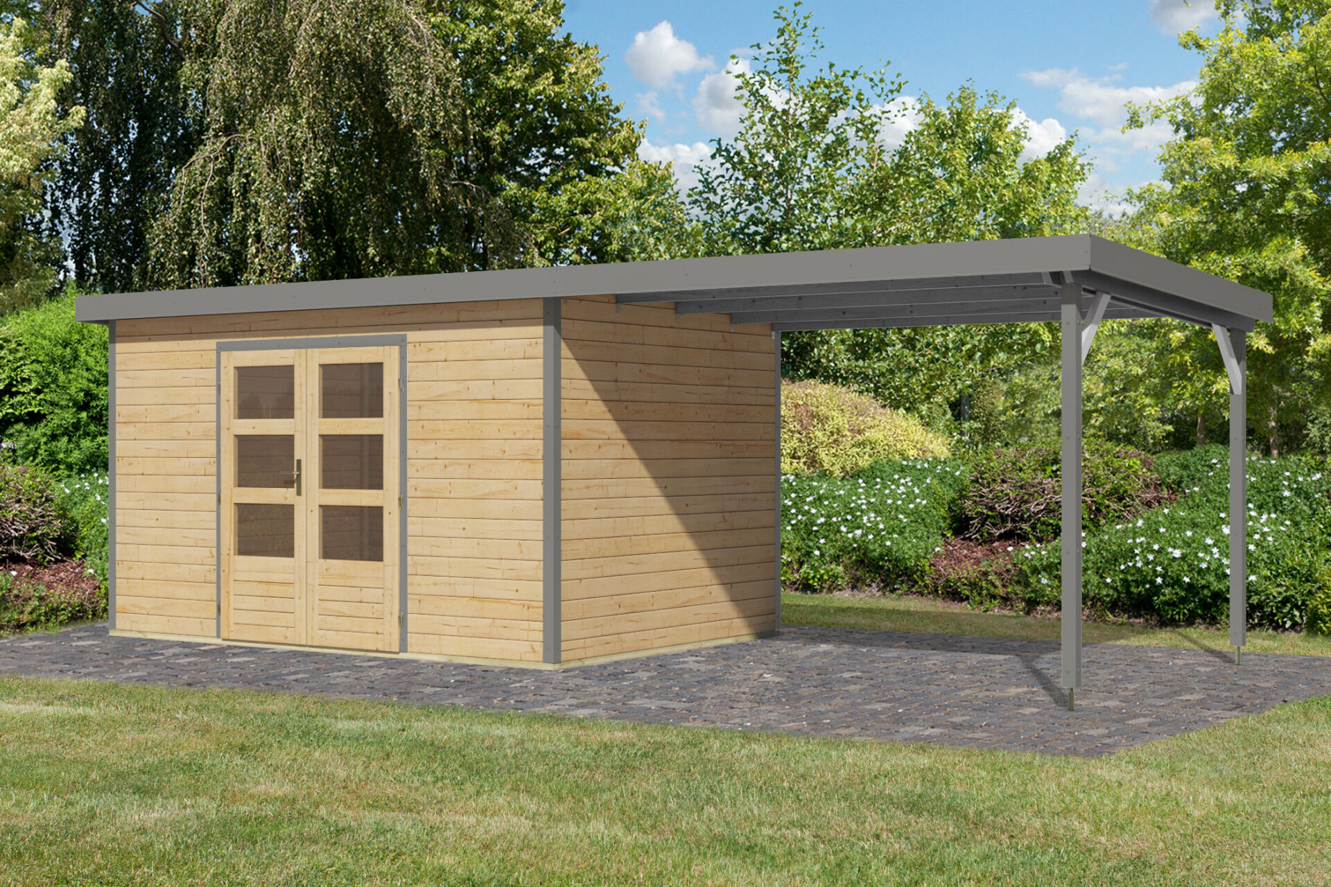 Karibu Pultdach Holz & Metall Gartenhaus Pluto 7 Set mit Anbaudach 3,07 m, naturbelassen / graualuminium