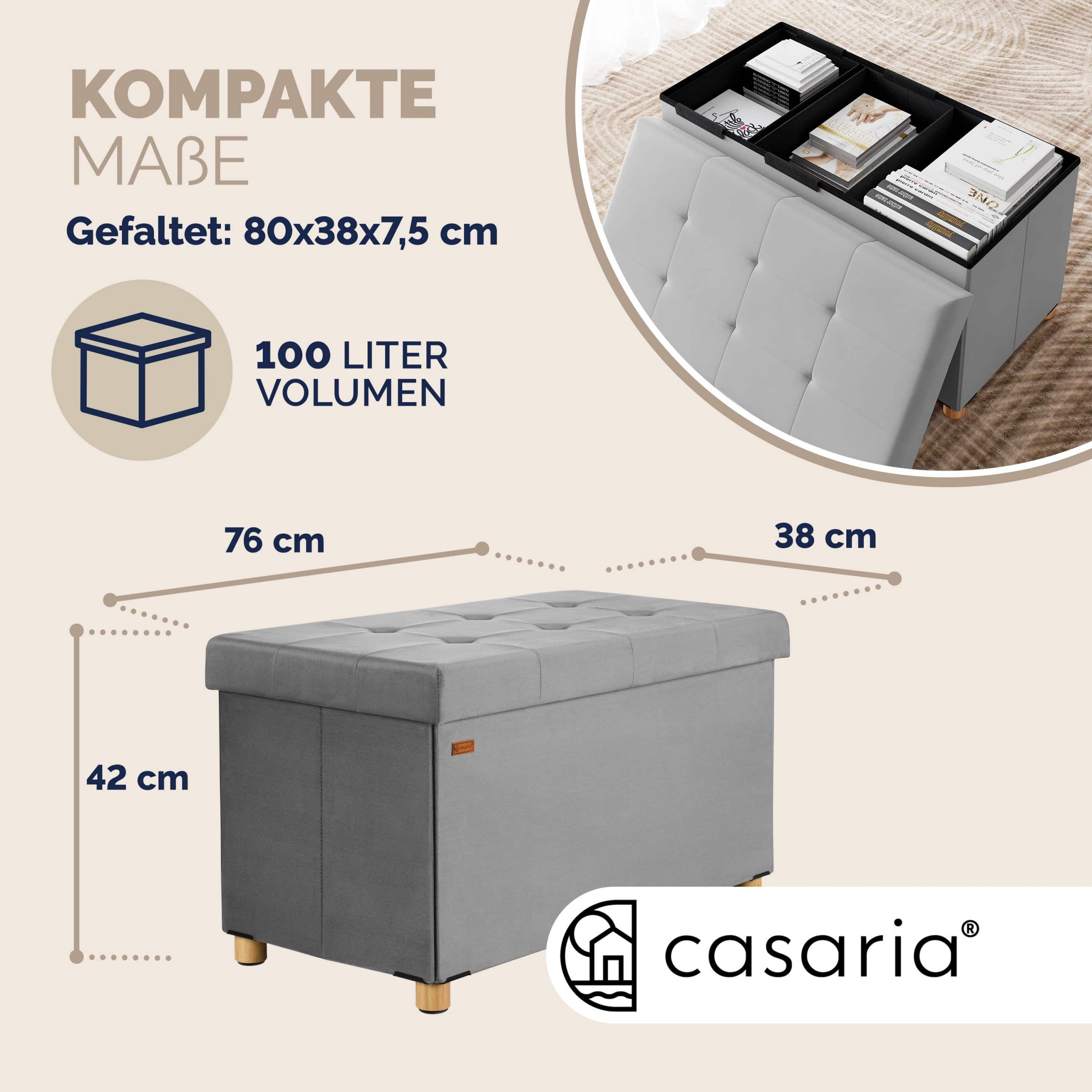 Sitzbank Grau Samt 76x38x42cm mit Stauraum faltbar