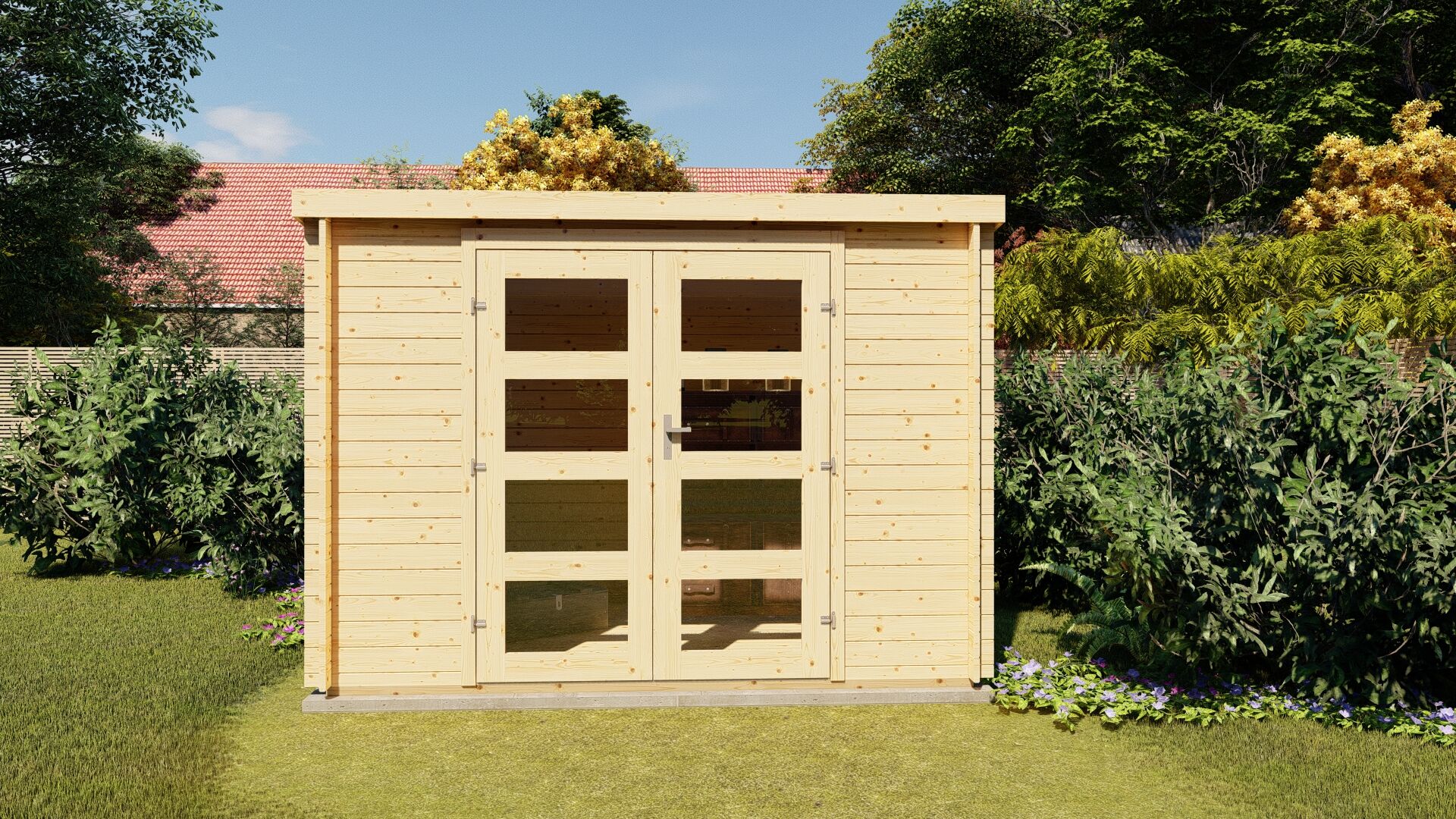 Gartenhaus Funny 13 – Flachdach Blockbohlenhaus 3×2 m