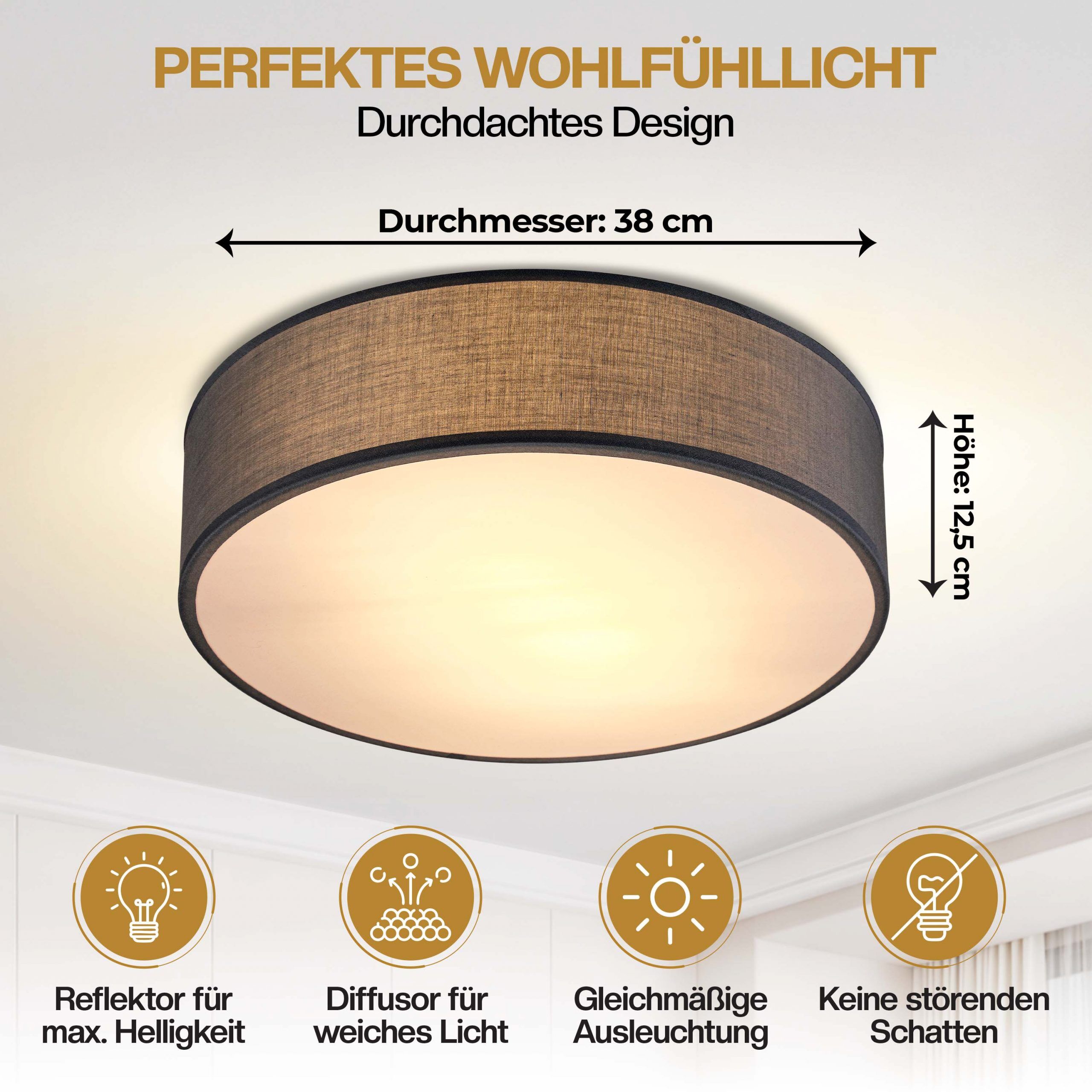 Deckenlampe Grau Stoff Ø38cm