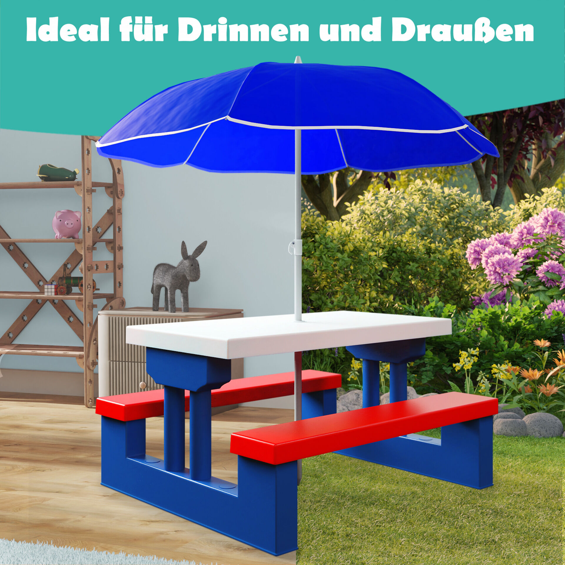 Kindersitzgruppe Blau mit Sonnenschirm