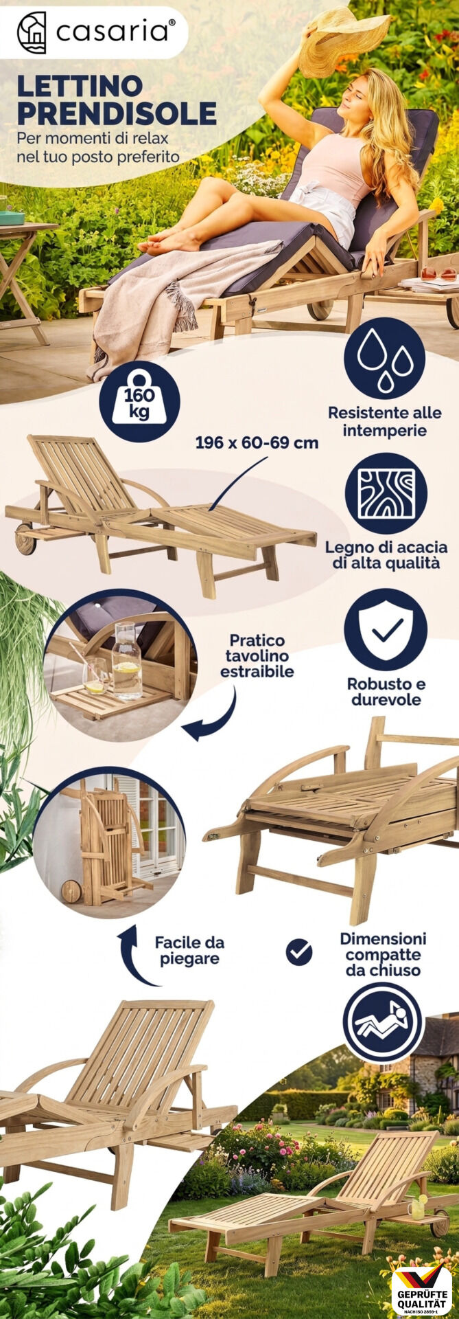 Gartenliege klappbar verstellbar Akazienholz Teak Optik Ausziehtisch Rollen