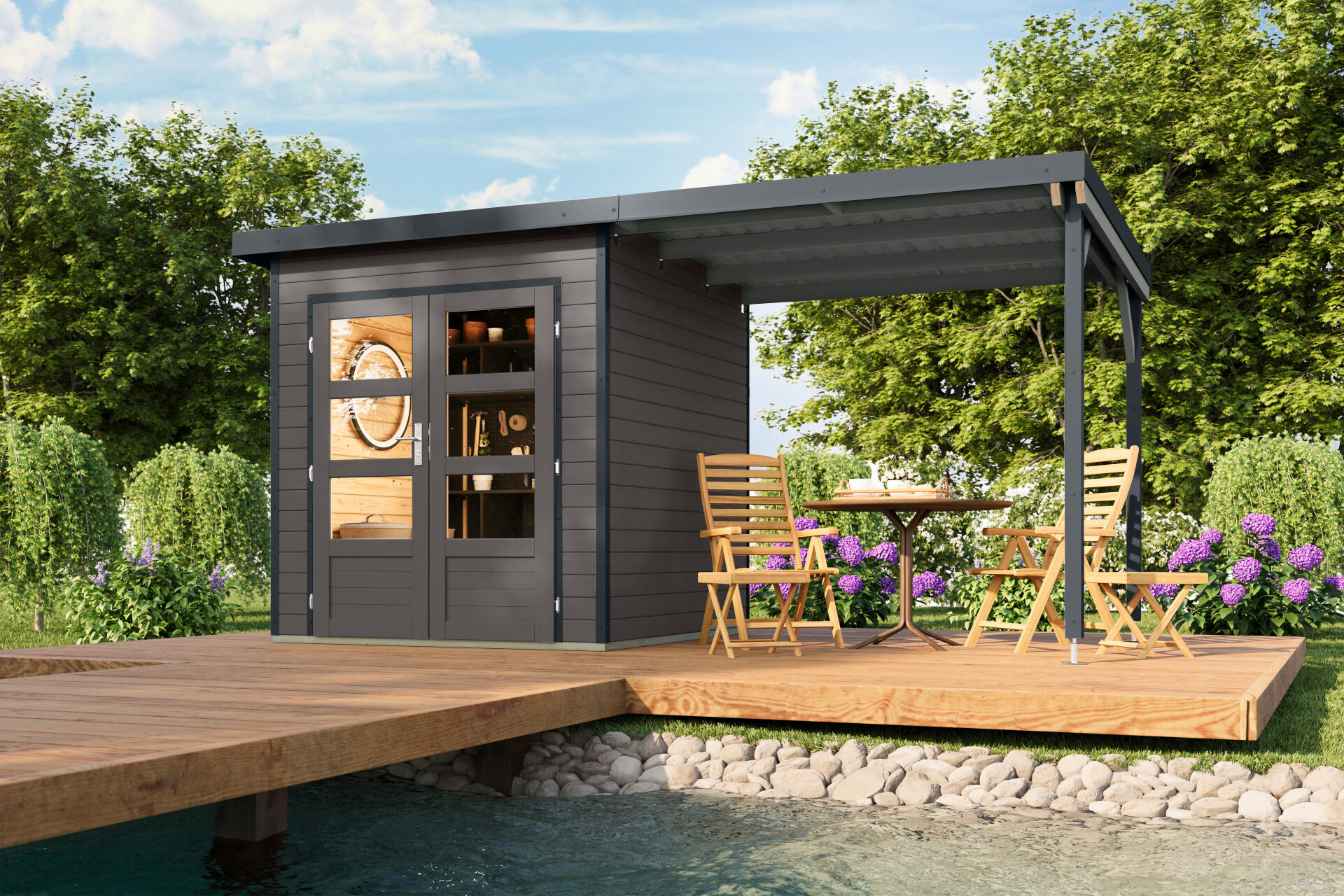 Karibu Pultdach Holz & Metall Gartenhaus Pluto 1 Set mit Anbaudach 2,33 m, naturbelassen / graualuminium