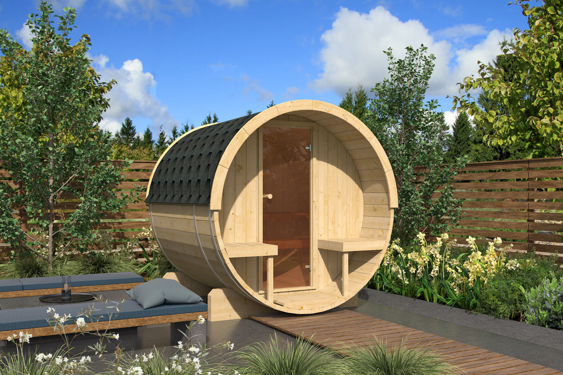 Finn Art Fass-Sauna Alvi mit Glastür und Außenbänken auf Gartenterrasse
