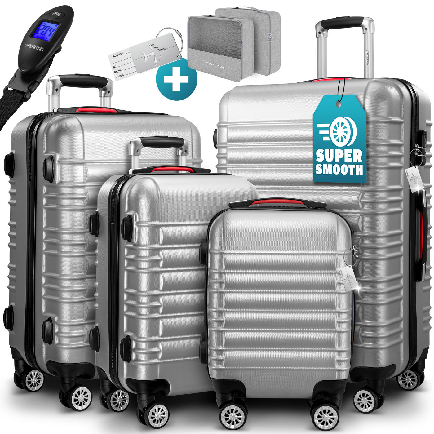 Hartschalenkoffer Set 4-tlg mit Zubehör Rollen 360º Silber ABS