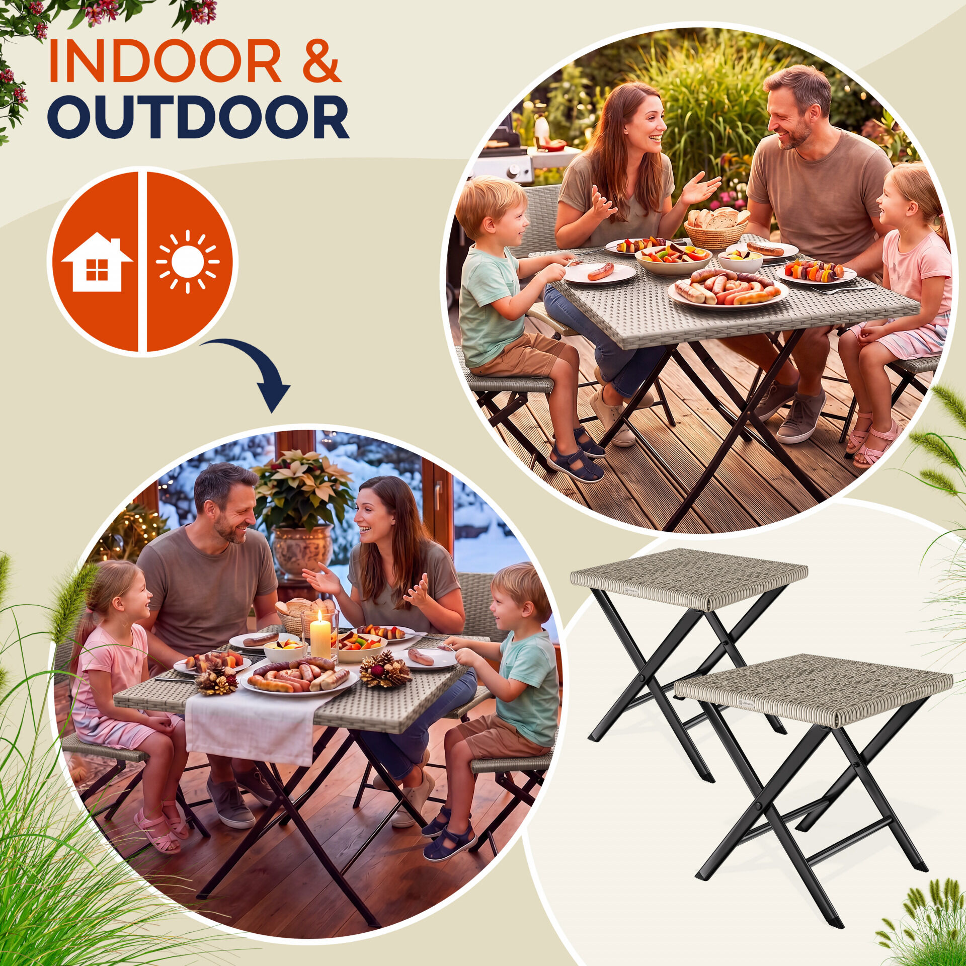 Polyrattan Klapphocker Creme 3in1 120kg Belastbarkeit 43x40x44cm klappbar leicht tragbar außen wetterfest