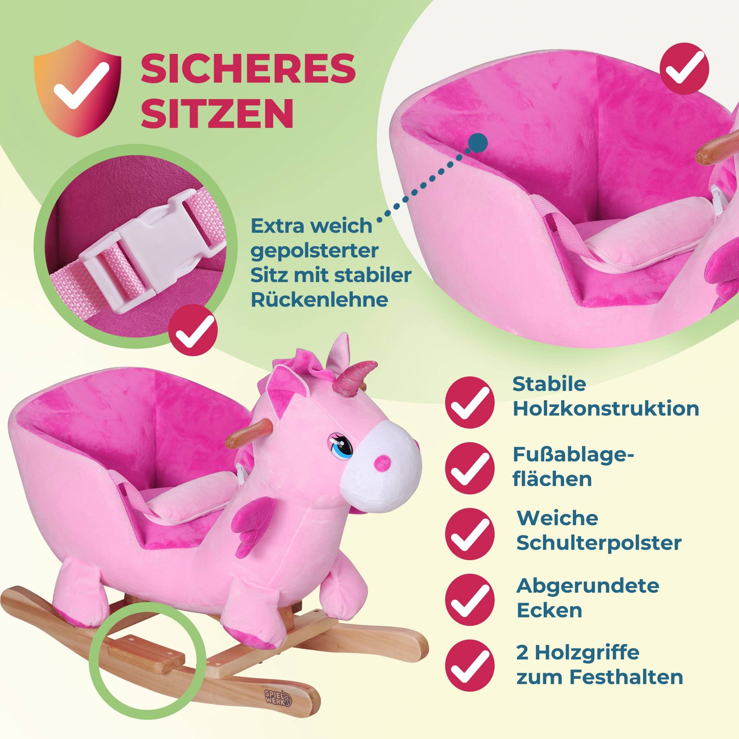 Schaukeltier Einhorn Rosa mit Sicherheitsgurt