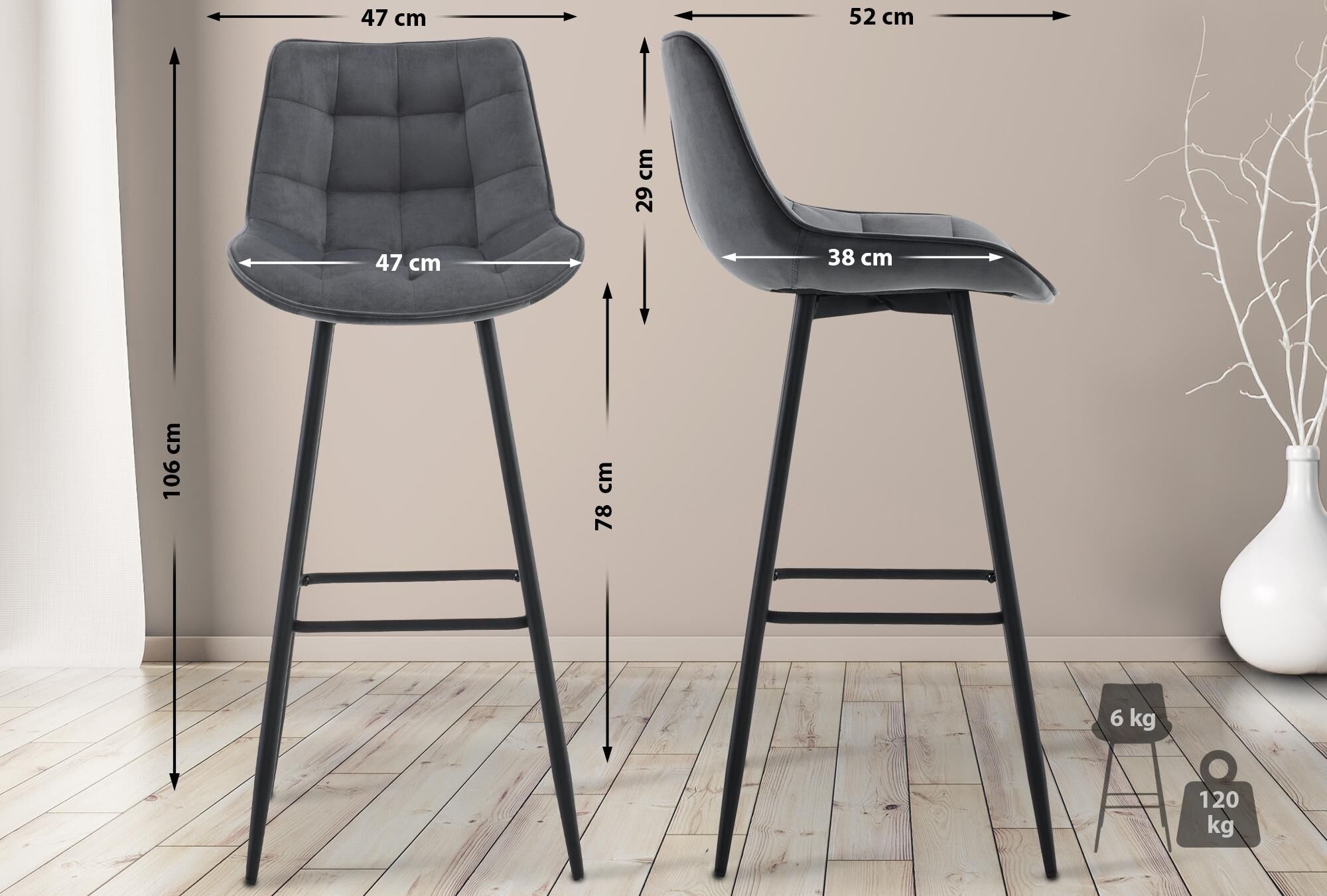 2er Set Barhocker Dartford Samt, dunkelgrau