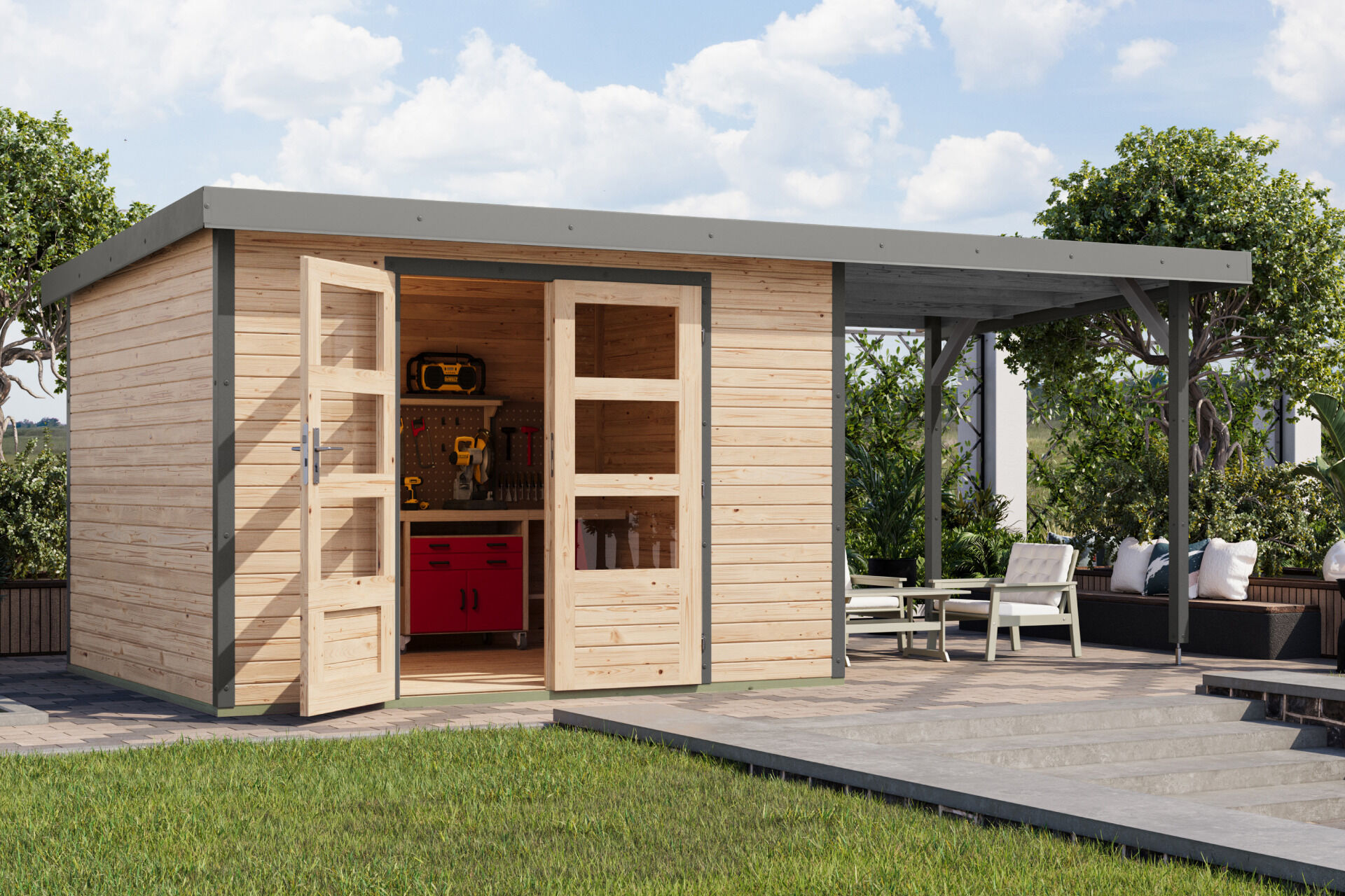 Karibu Pultdach Holz & Metall Gartenhaus Jupiter 5 Set mit Anbaudach 2,35 m