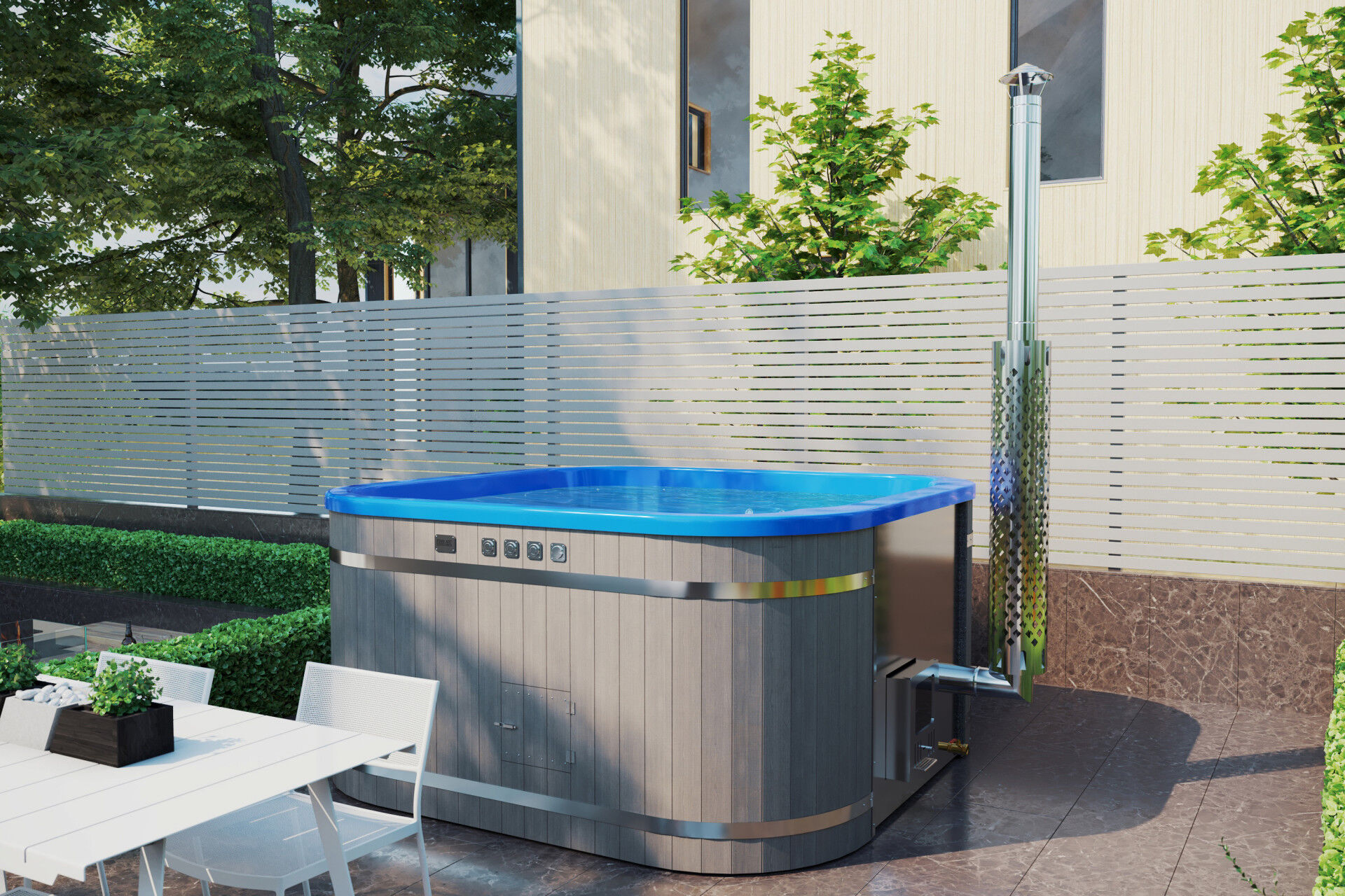 Badefass Prestige Quadratisch WPC mit blauem Einsatz und integriertem Ofen auf Terrasse