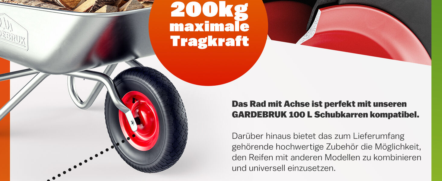Schubkarrenrad Schwarz luftbereift mit Achse