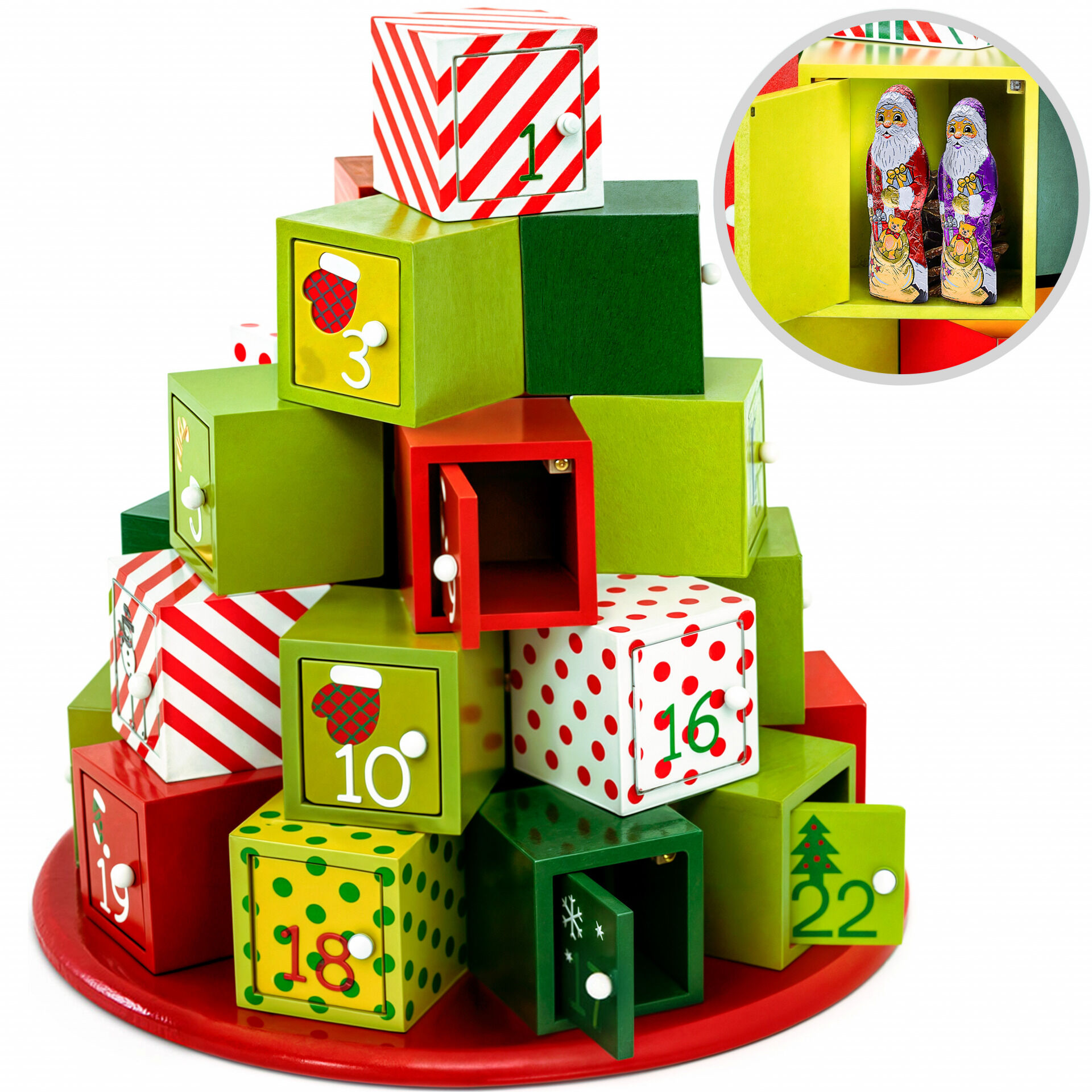 661370 Adventskalender Geschenkpyramide Holz rund