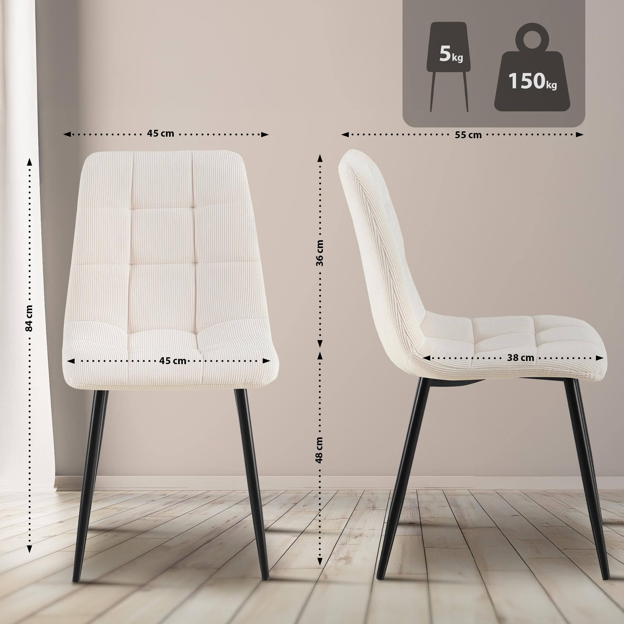 2er Set Esszimmerstuhl Tilde Cord, creme