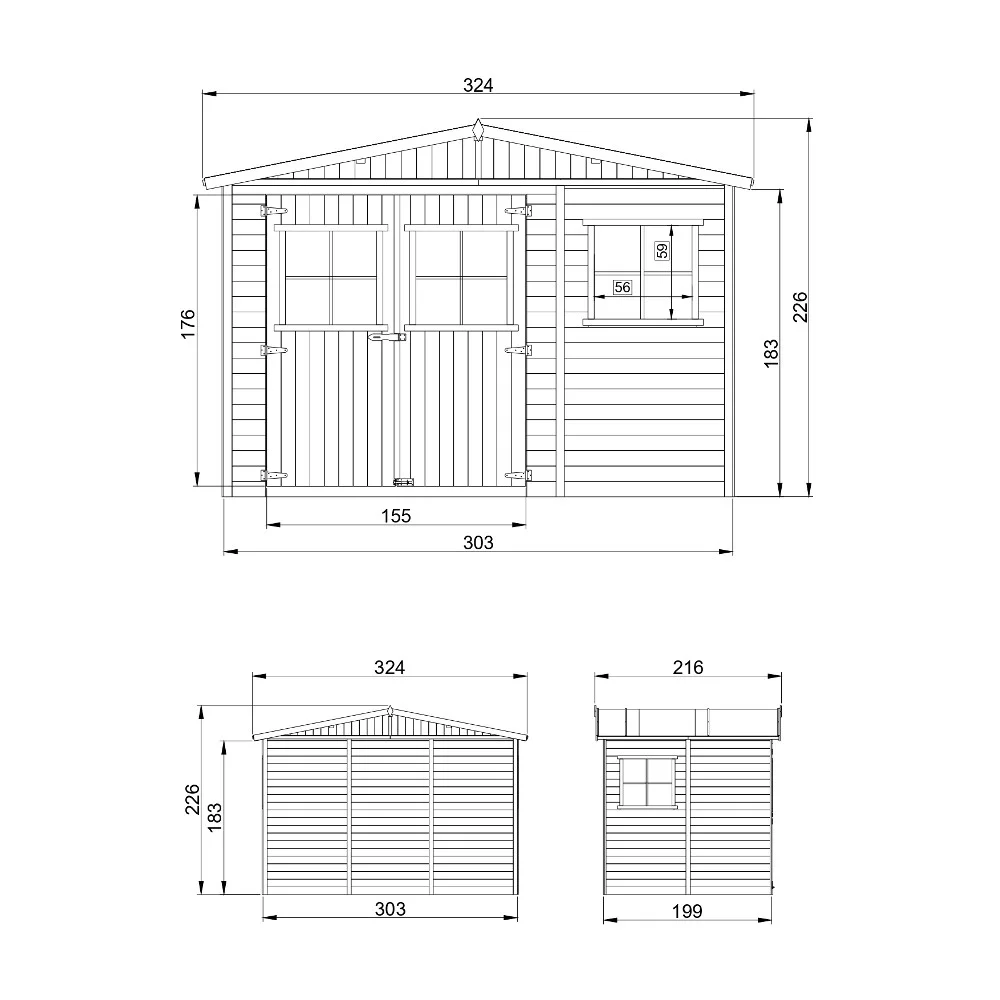 Gartenhaus Karl M334 Zeichnung mit Abmessungen