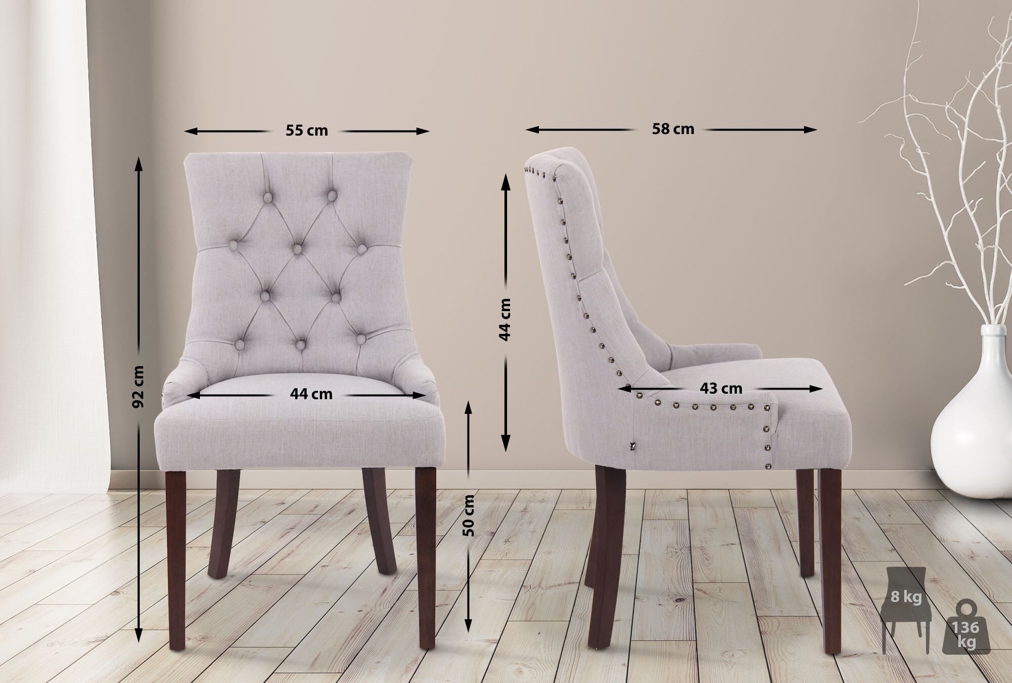 2er Set Esszimmerstuhl Aberdeen Stoff antik, grau