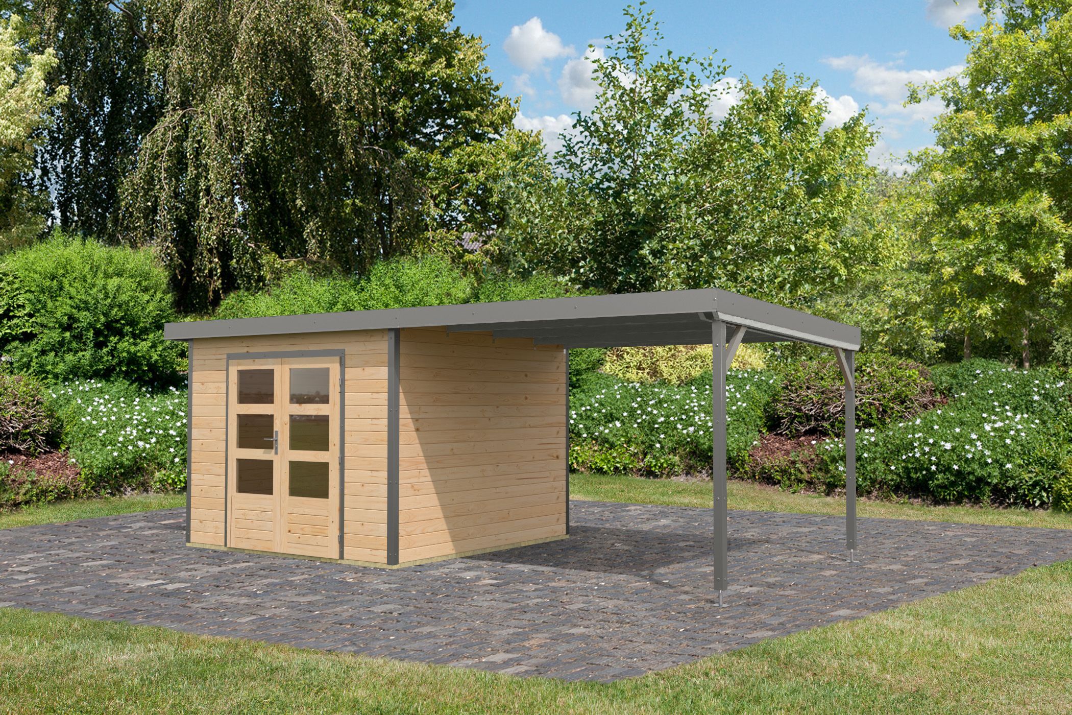 Karibu Pultdach Holz & Metall Gartenhaus Pluto 6 Set mit Anbaudach 3,07 m, naturbelassen / graualuminium