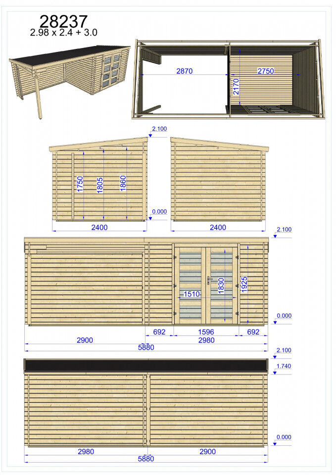 Gartenhaus Flachdach 6x2,4 Funny 4