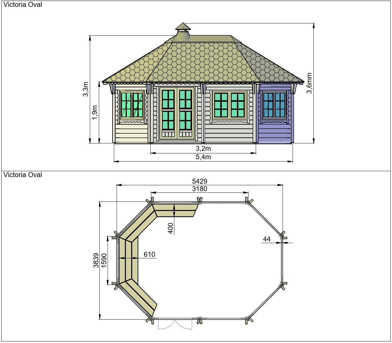 Zeichnung und Grundriss Grillpavillon Victoria Oval 18 m²