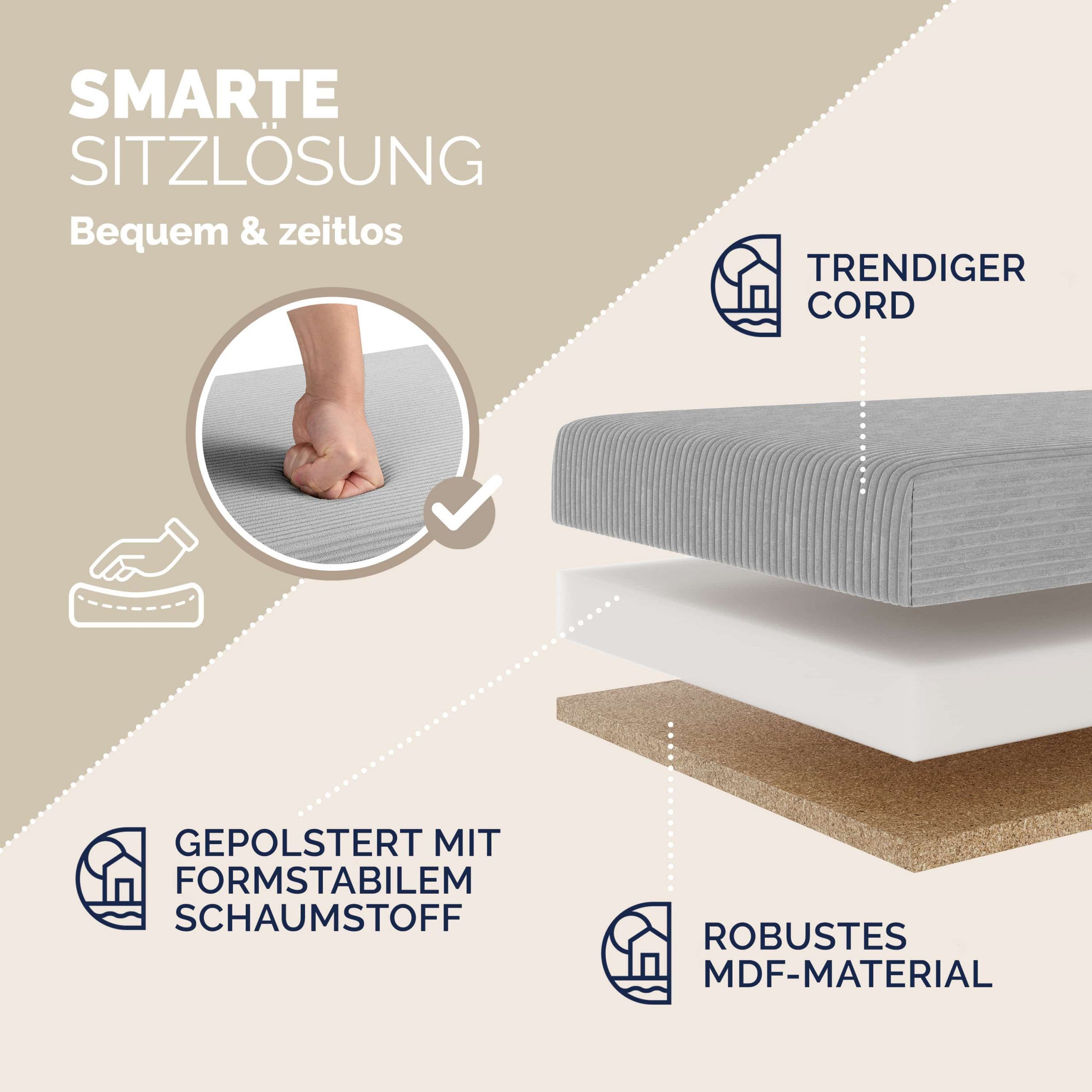 Sitzbank Grau Cord 114x38x38cm MDF faltbar