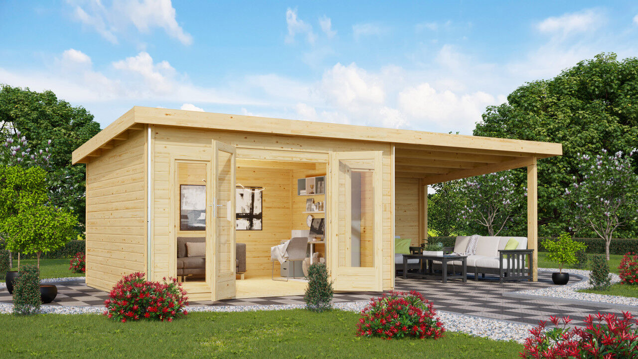 Karibu Pultdach Gartenhaus Radeburg 2 SET naturbelassen mit Anbaudach 3,3 m, Rückwand natur