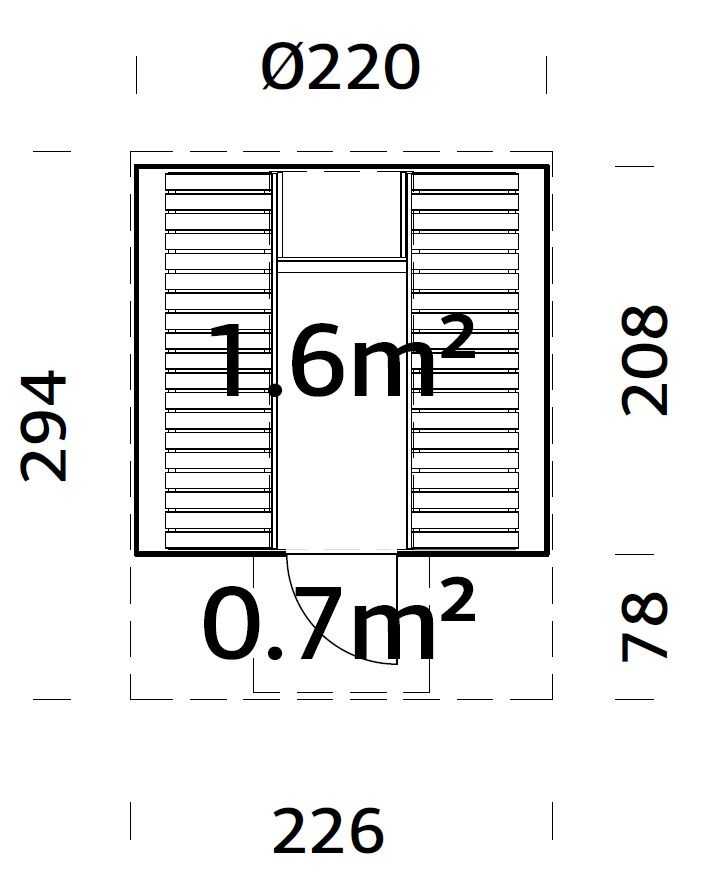 Zeichnung Palmako Saunafass Anita 1,6+0,7 m²