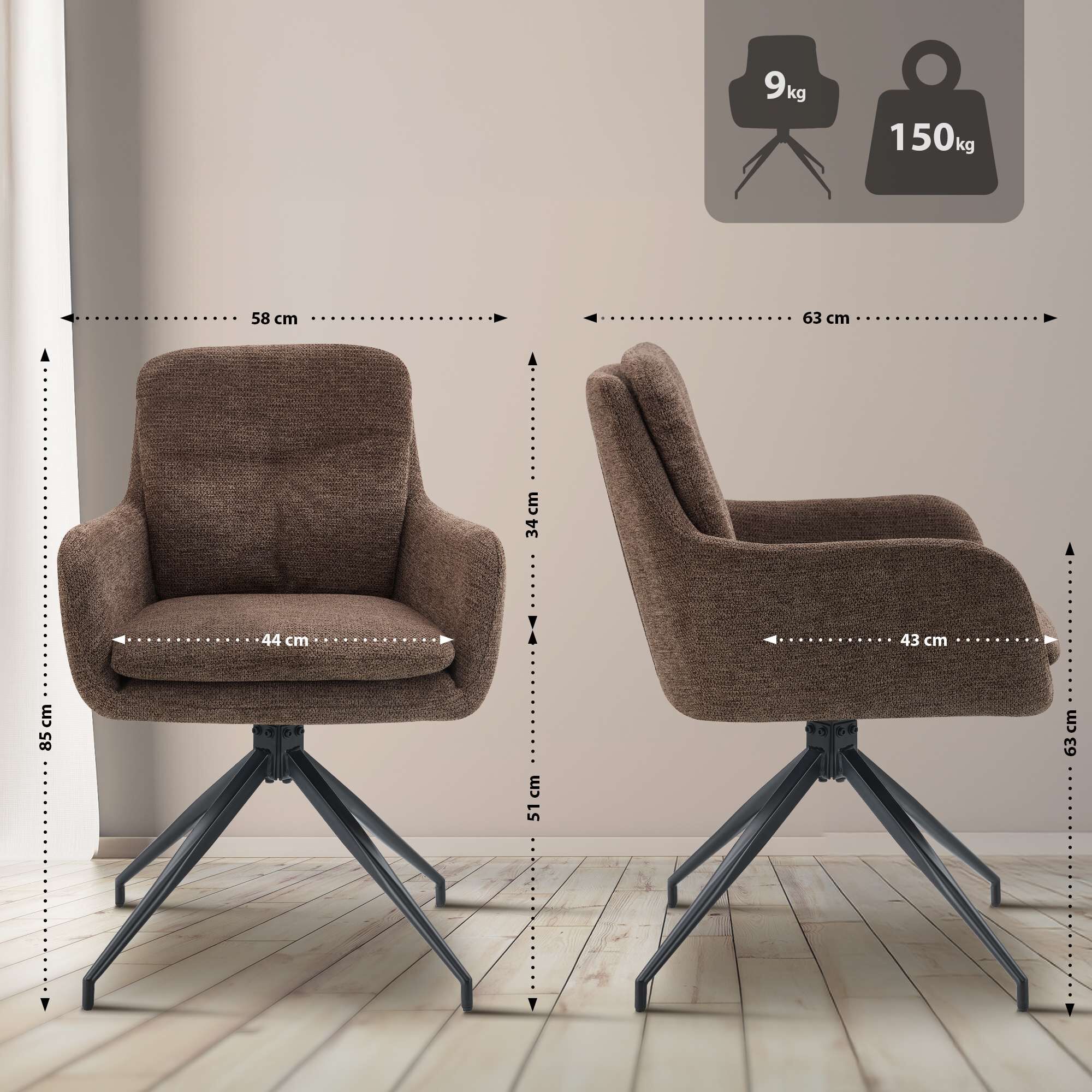 2er Set Esszimmerstuhl Pickett Stoff, braun