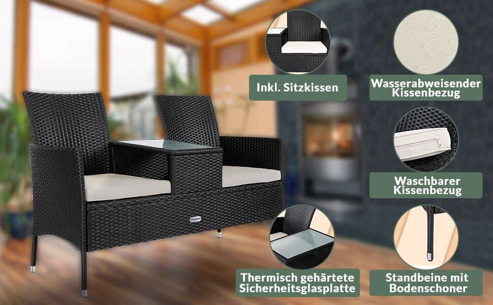 Polyrattan Kino Bank Schwarz 143x55x88cm