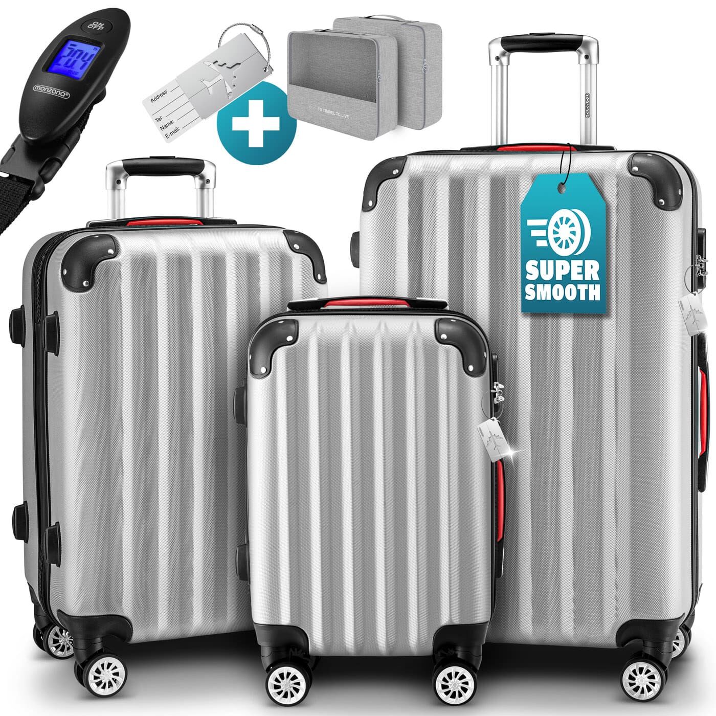 Hartschalenkoffer Set 3-tlg mit Zubehör Rollen 360º Silber ABS