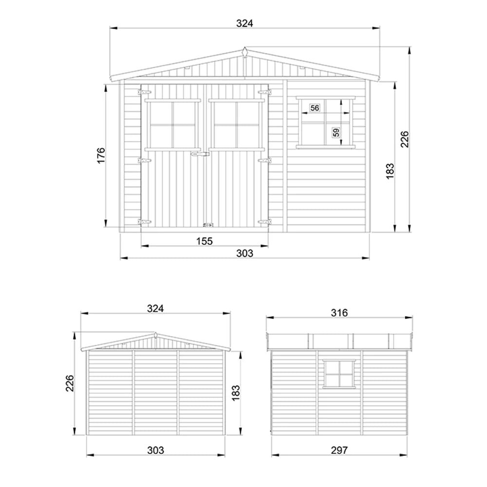 Gartenhaus Holz Oskar M335 bemaßte Zeichnung