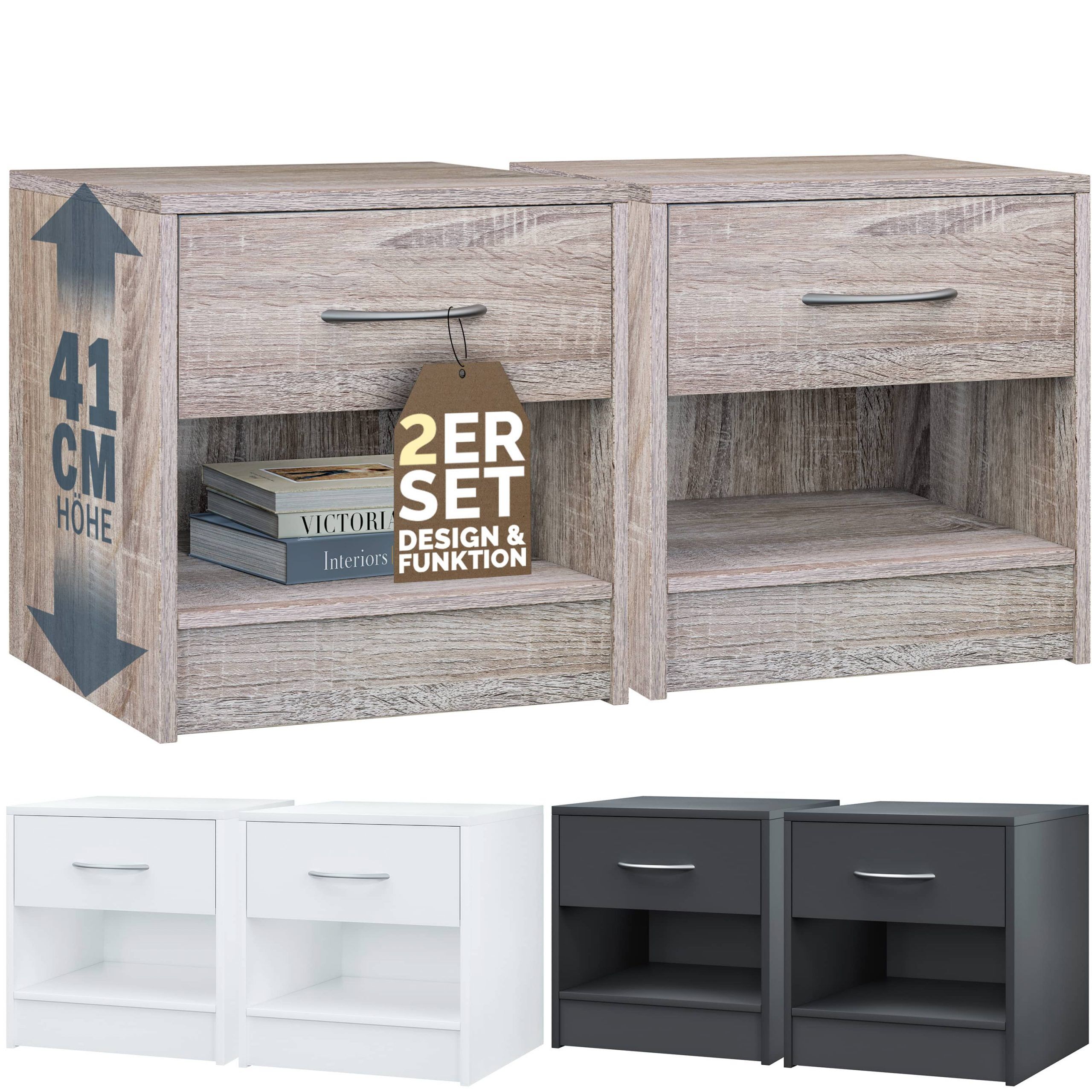Nachttisch Kiel 2er-Set Eiche 41x39x28cm