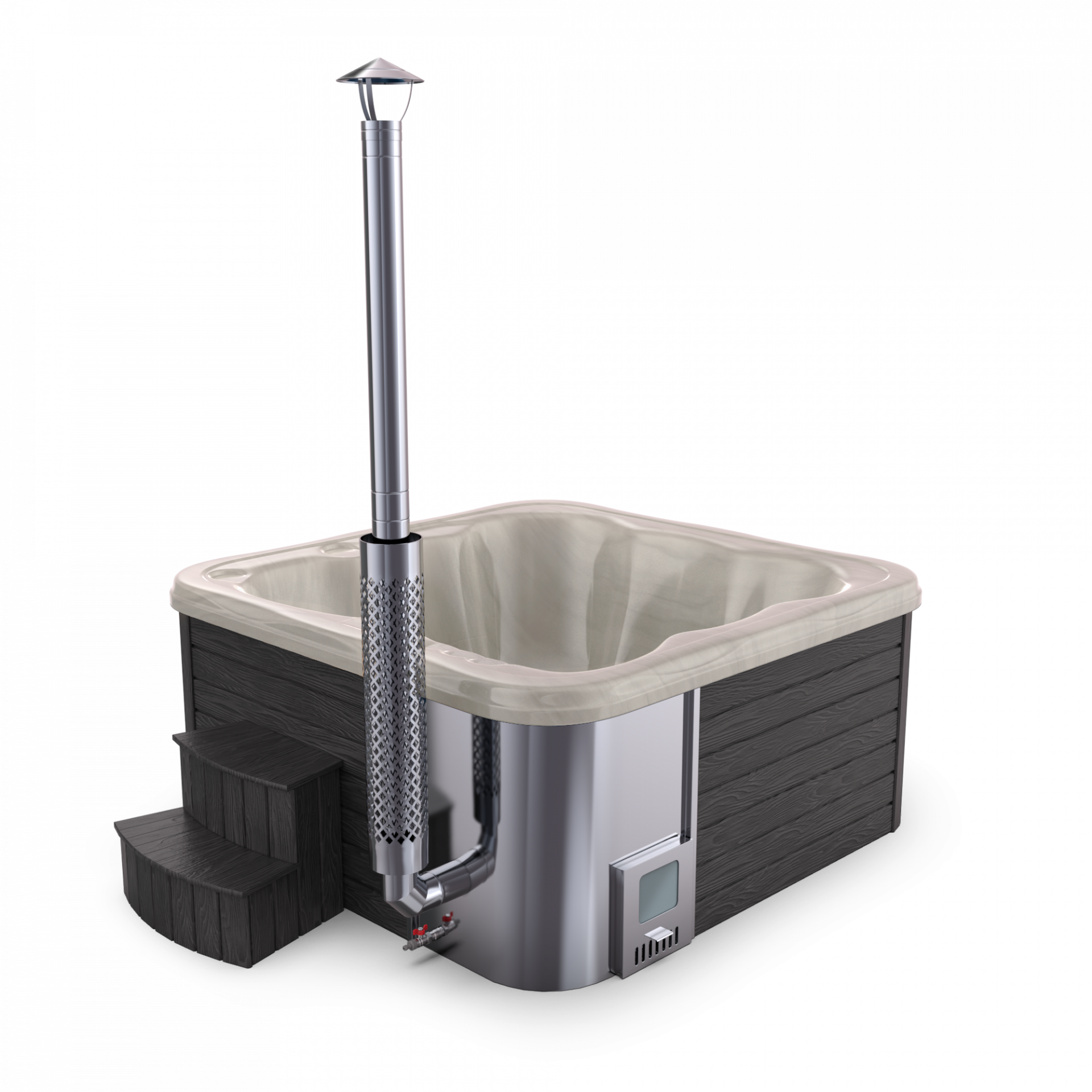 SPANOVA Hot Tub Premium 220 – WPC Whirlpool mit integriertem Holzofen & Acrylwanne, Weiß marmoriert, Holzofen - 35kw V2A