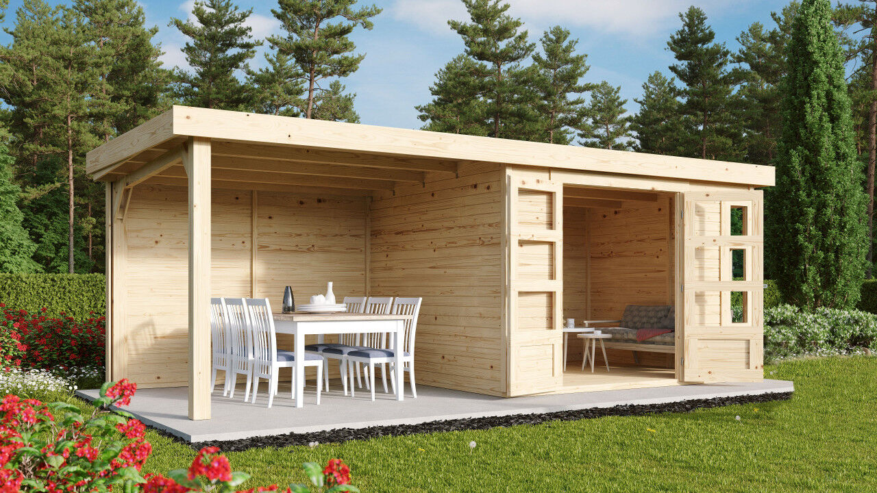 Flachdach Gartenhaus Kerko 5 im Set mit Anbaudach 2,40 m und 19 mm und Rückwand natur
