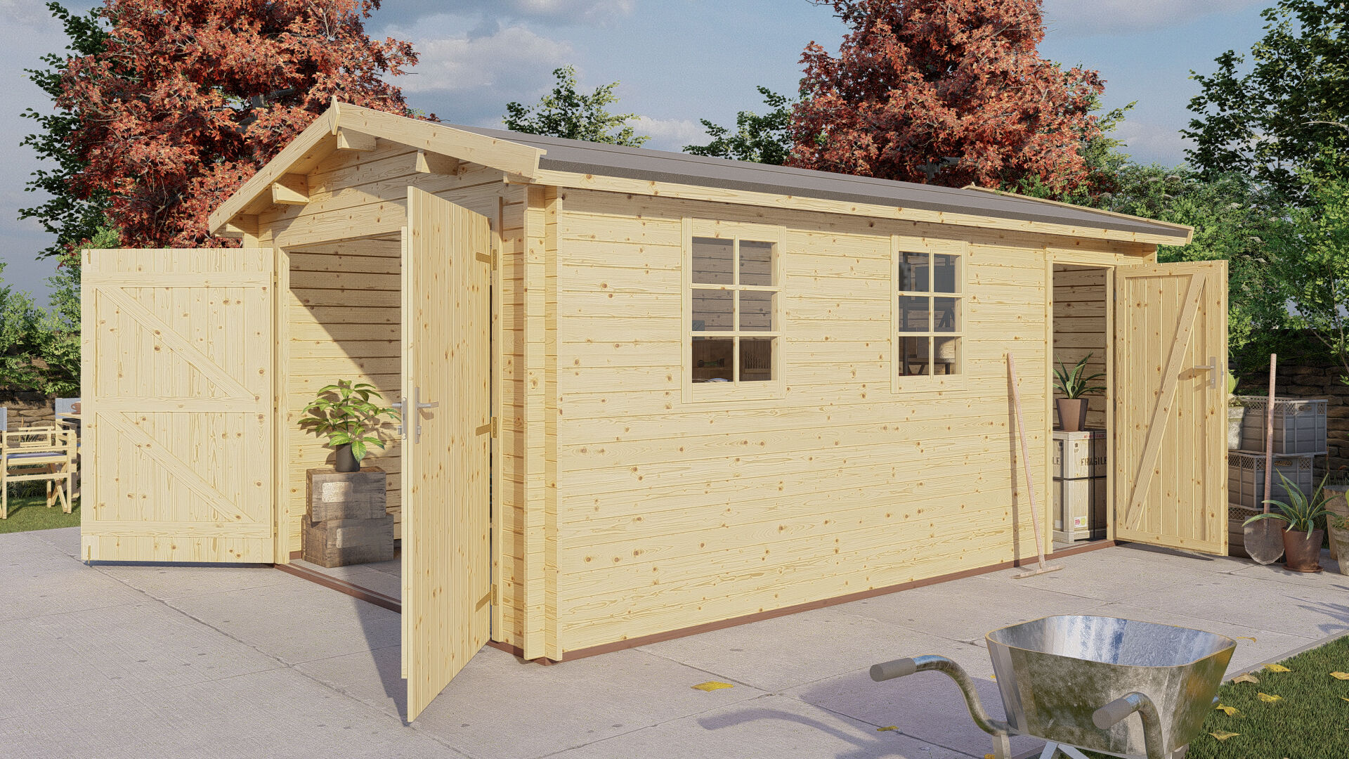 Holzgarage Schweden 41 – 28 mm Blockbohlen Einzelgarage mit Doppeltor