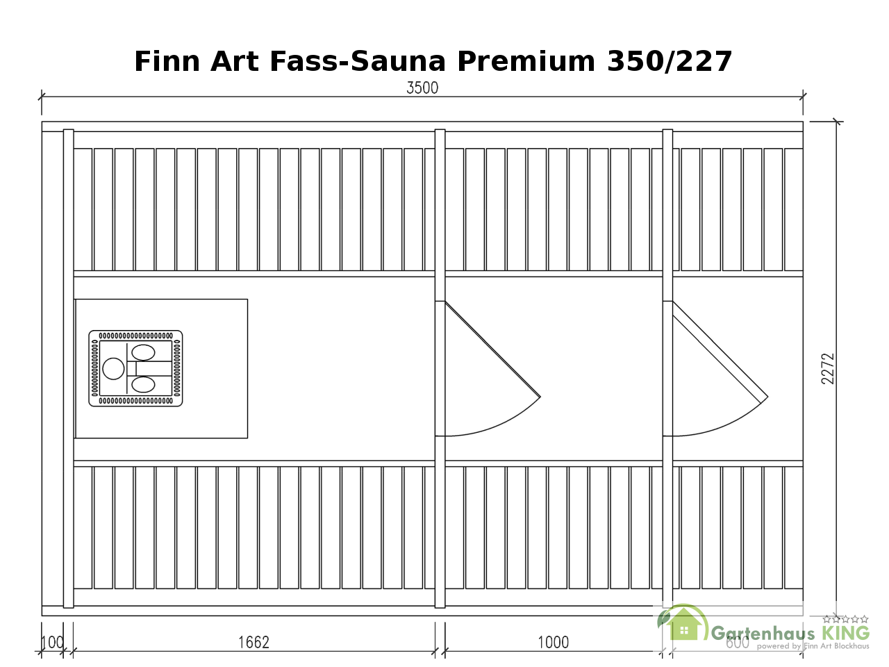 Grundriss Fass-Sauna Premium 350/227, bemaßt