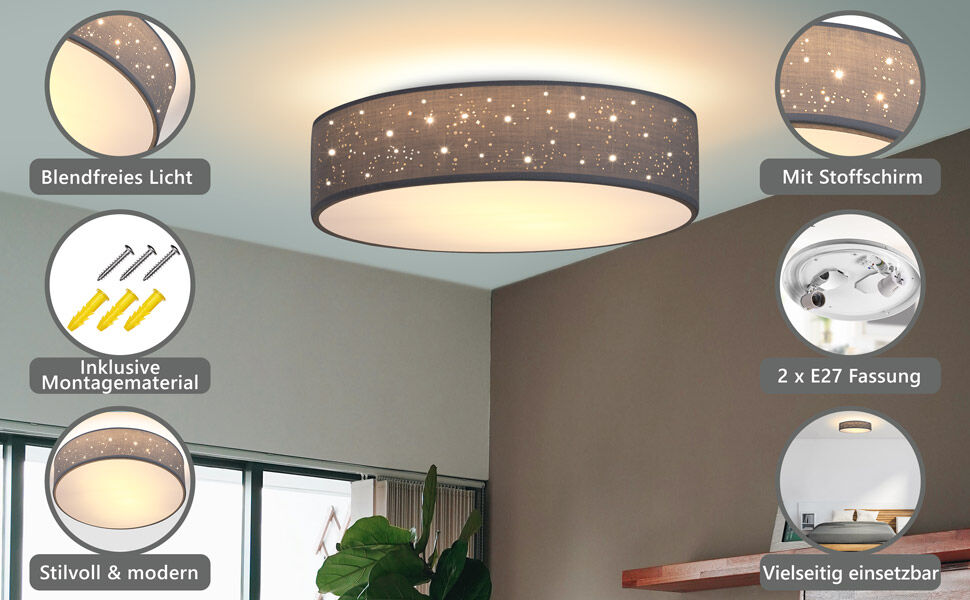 Deckenlampe Grau Stoff Ø38cm Sternenhimmel