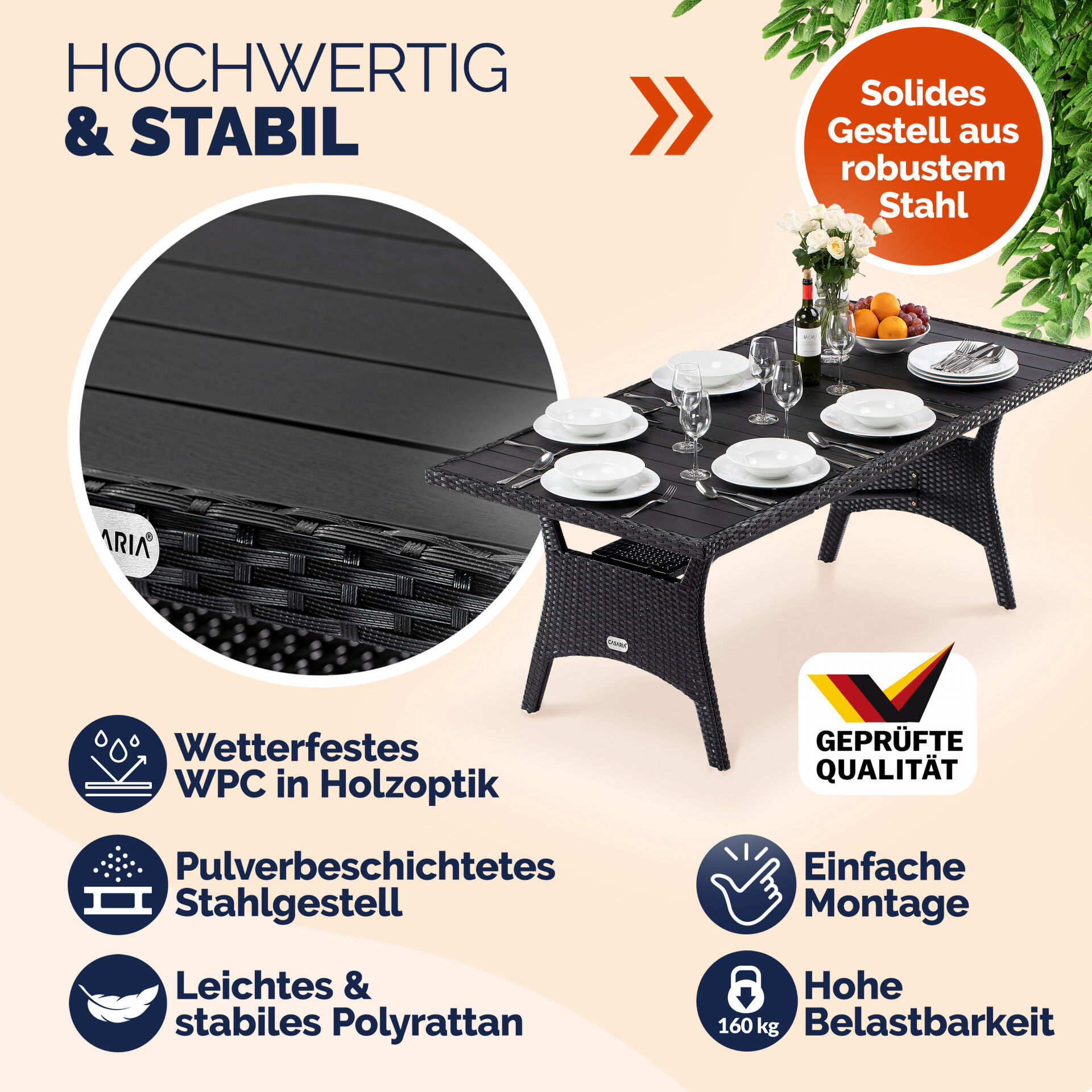 Polyrattan Gartentisch Takeo Schwarz 190x90x75cm WPC