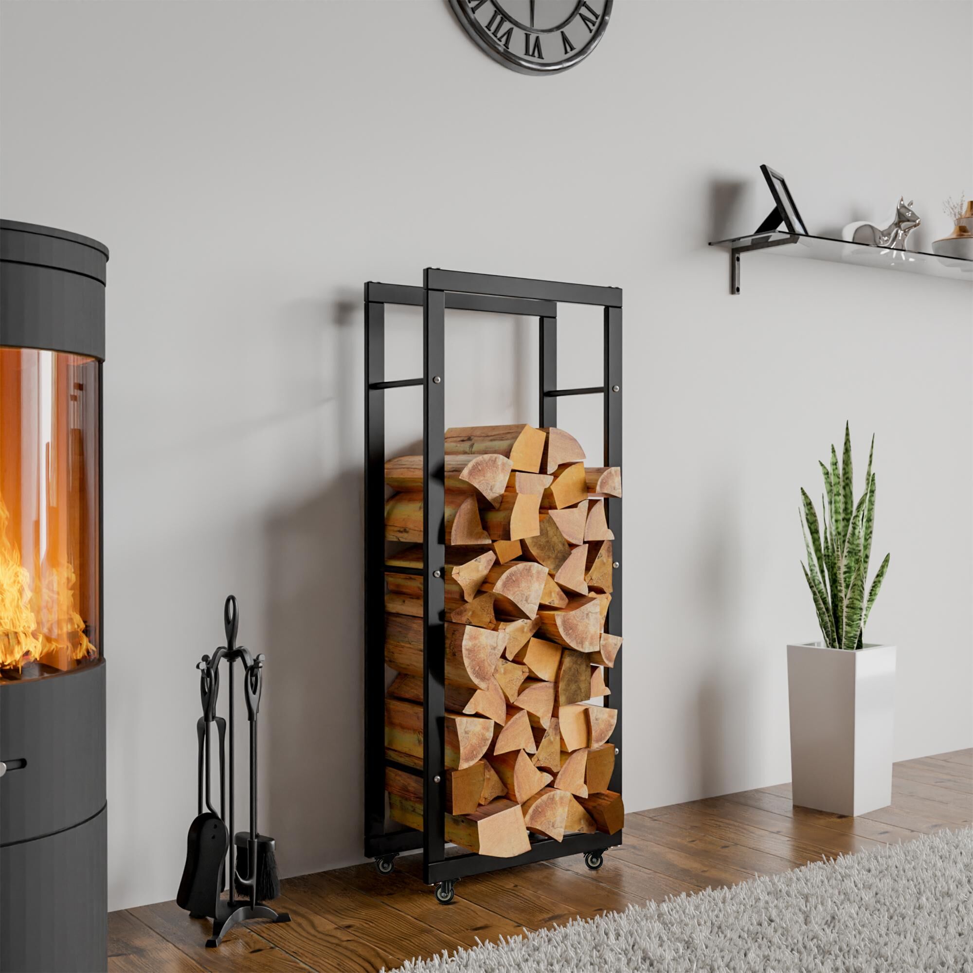Kaminholzständer Keri mit Rollen 25x40x150, schwarz