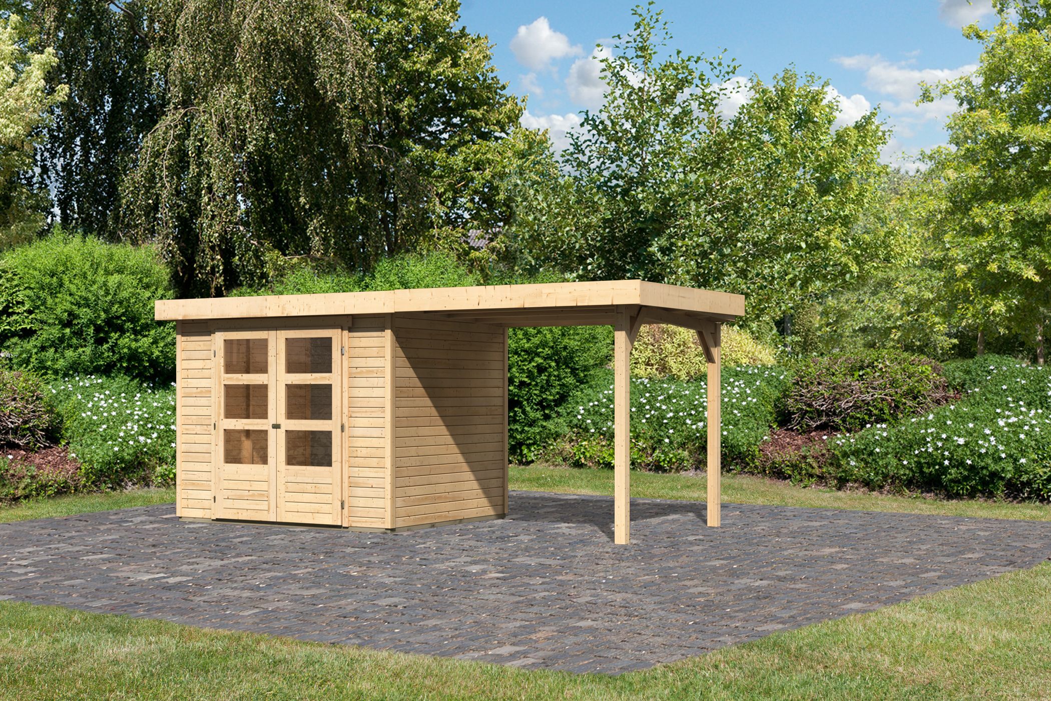 Karibu Gartenhaus Askola 3 SET - mit Anbaudach 2,4 m Breite