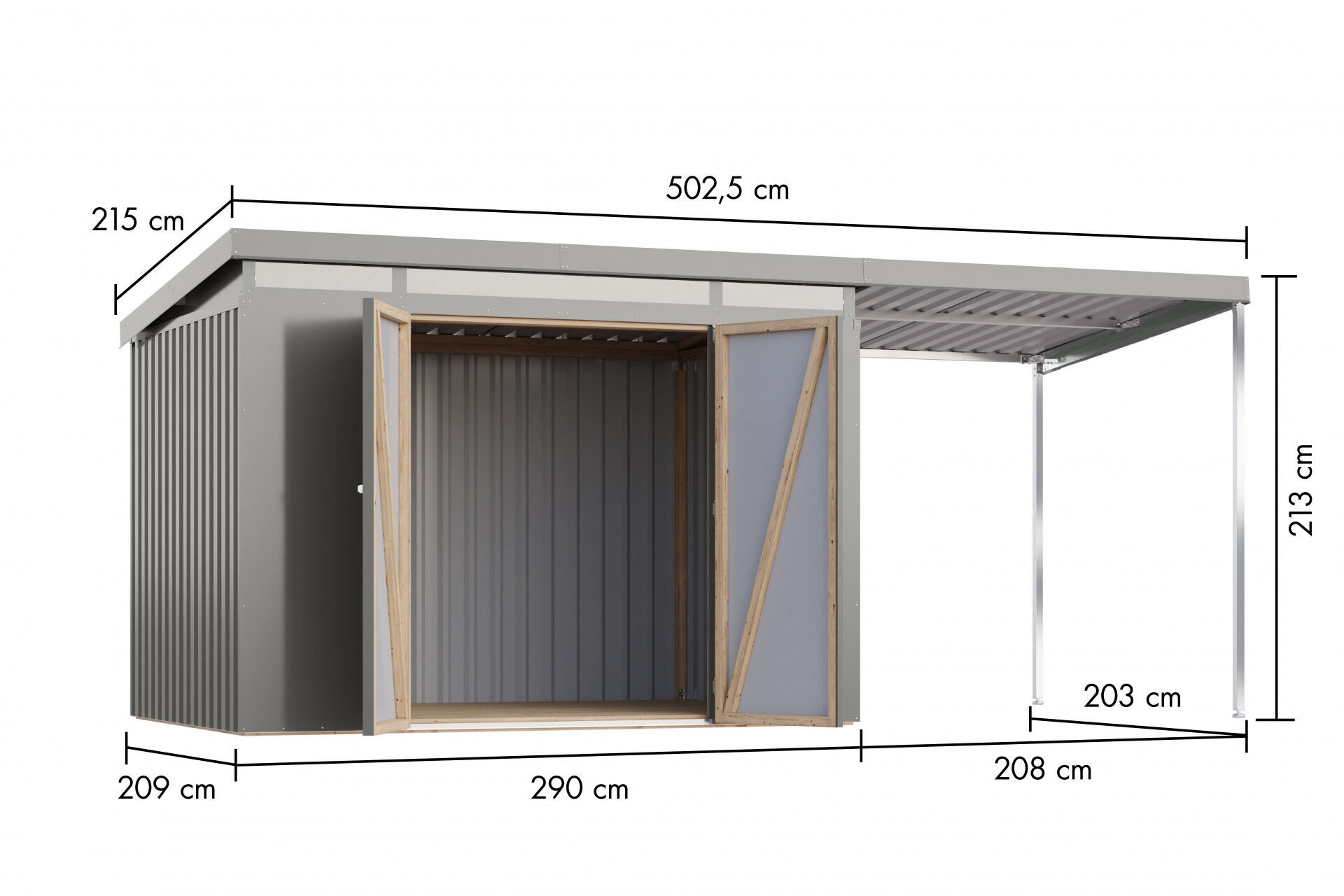 Karibu Pultdach Metall Gartenhaus Iridium 3 Set mit Anbaudach 2m, graualuminium