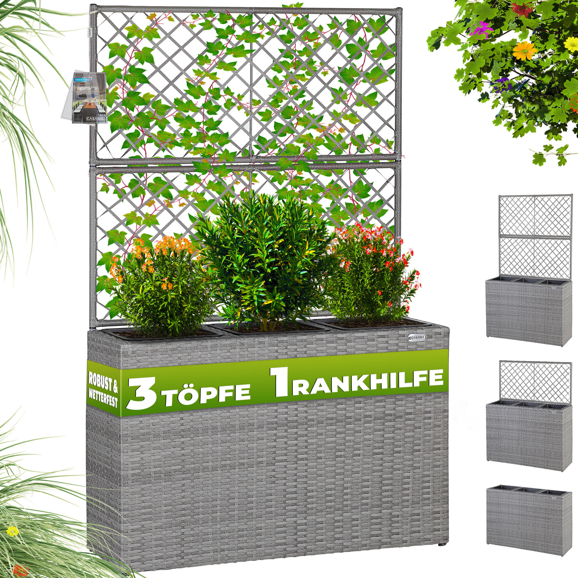 Polyrattan Blumenkasten mit Rankgitter Grau