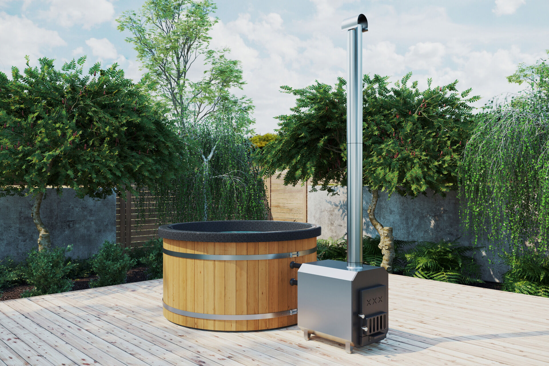 Badebottich Premium Außenofen Thermoholz Einsatz schwarz-granit