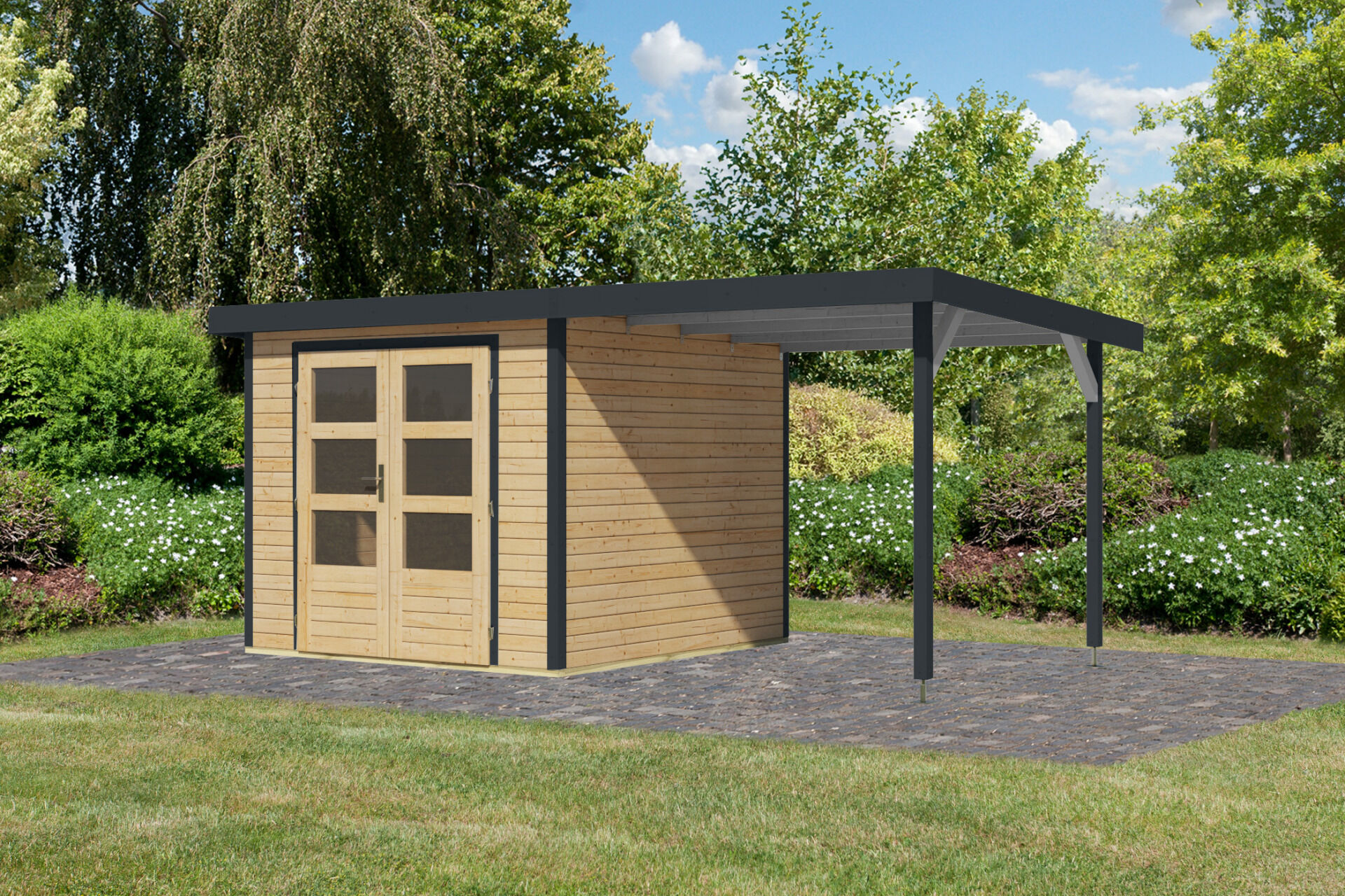 Karibu Pultdach Holz & Metall Gartenhaus Jupiter 3,5 Set mit Anbaudach 2,35 m, naturbelassen / graualuminium