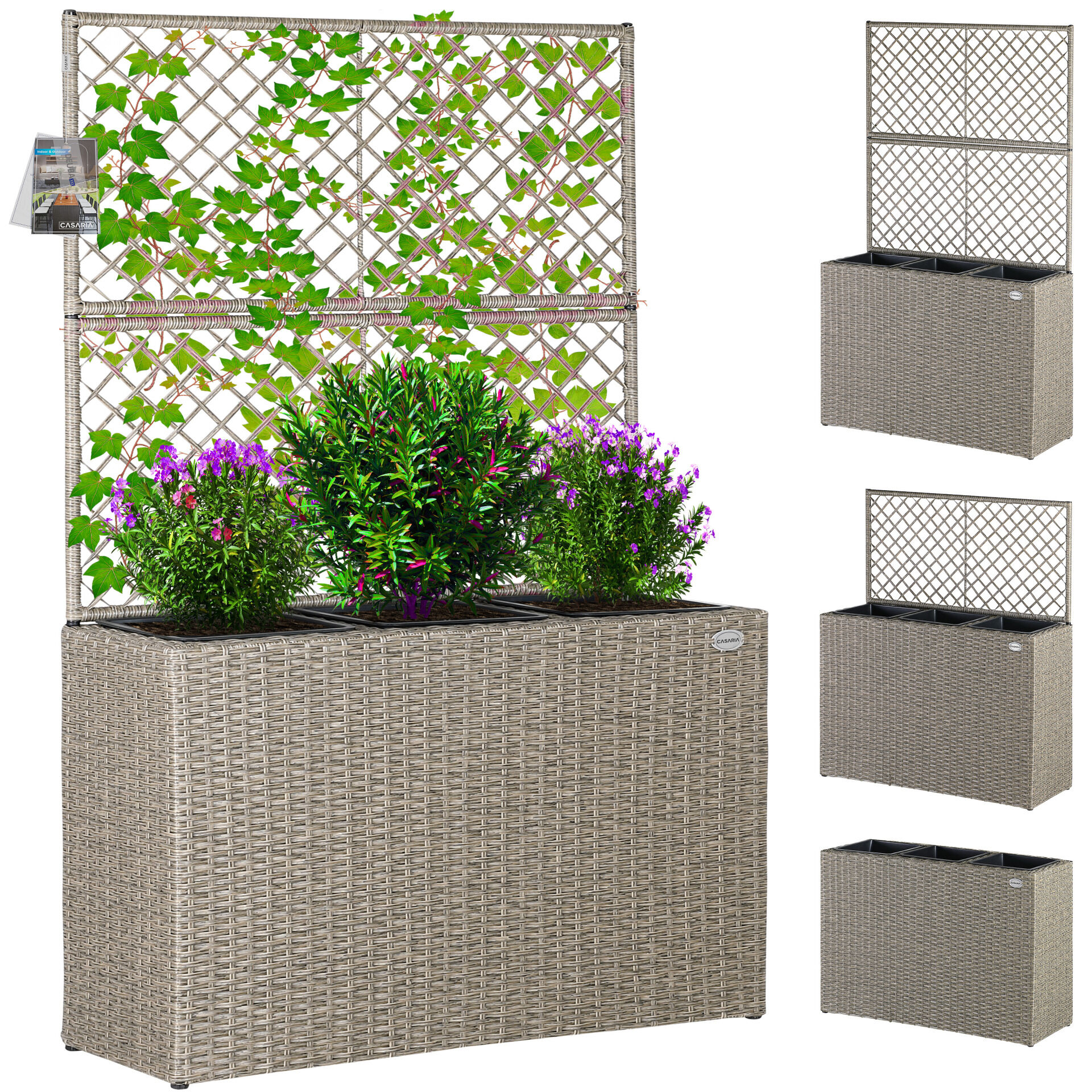 Polyrattan Blumenkasten mit Rankgitter Creme