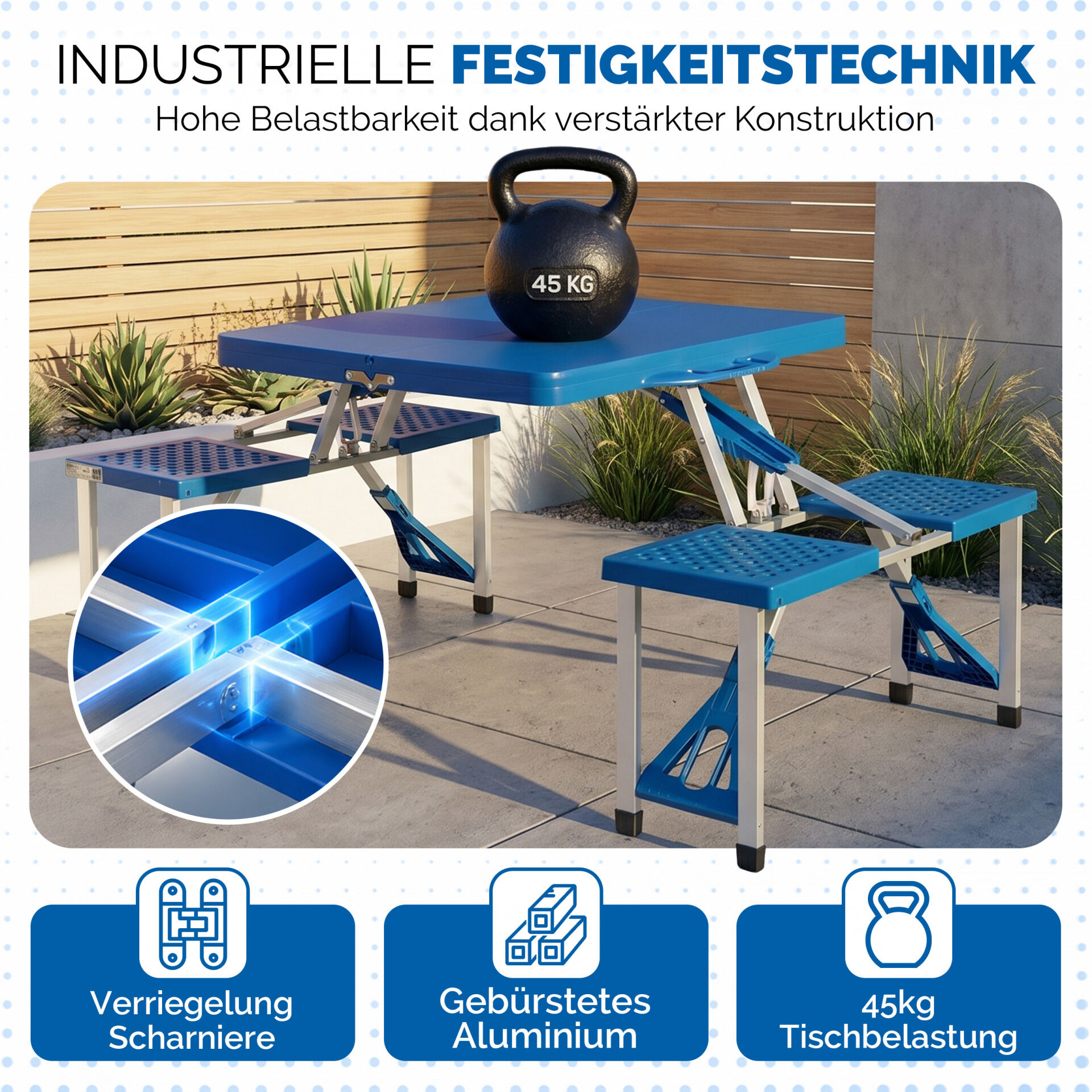Campingtisch Blau Alu für 4 Personen klappbar