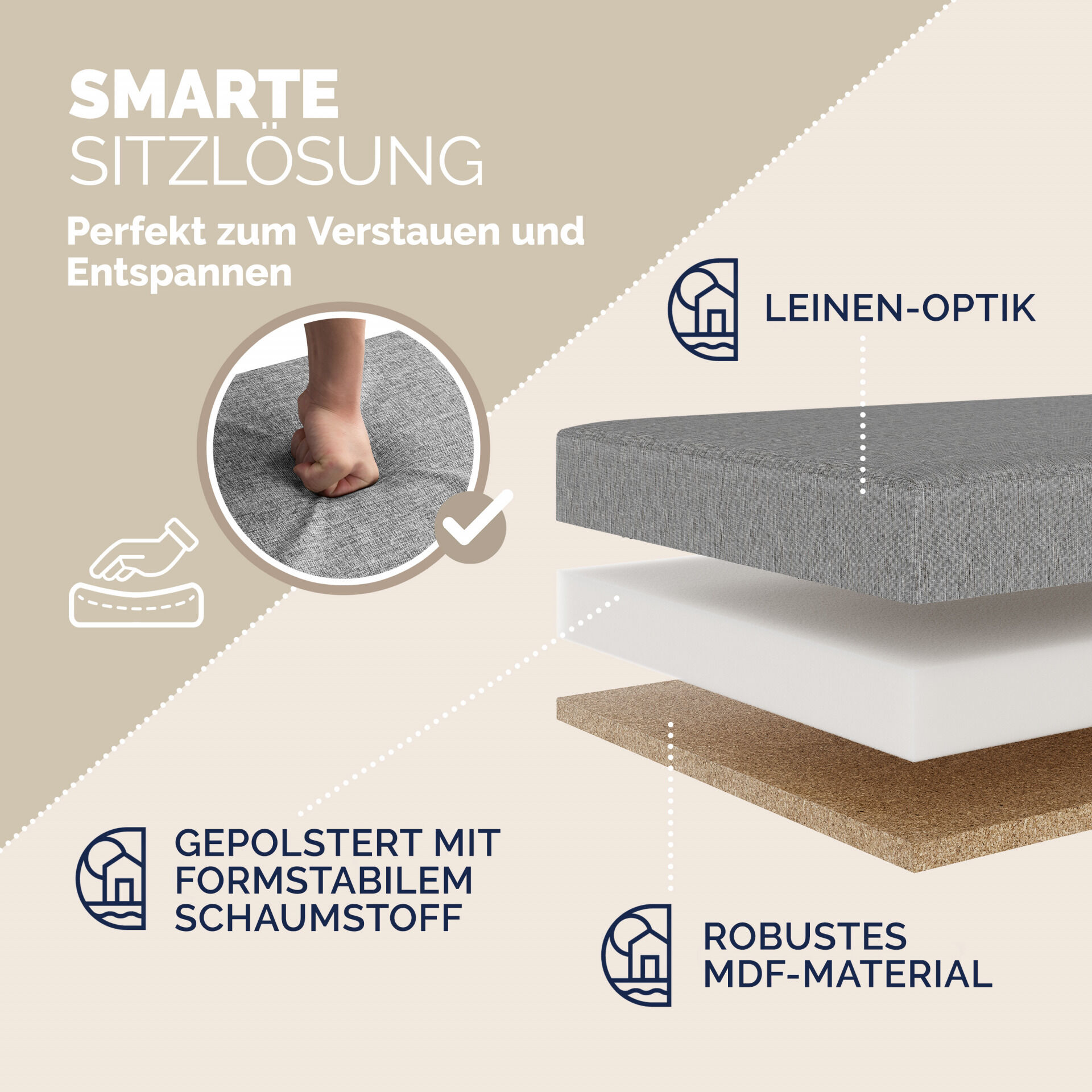 Sitzbank Grau 115x38x38cm mit Stauraum faltbar