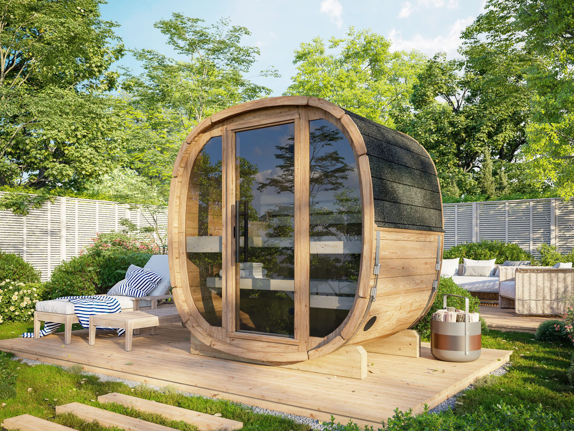 Palmako Fasssauna Astra 1,1 Thermoholz mit Glasfront