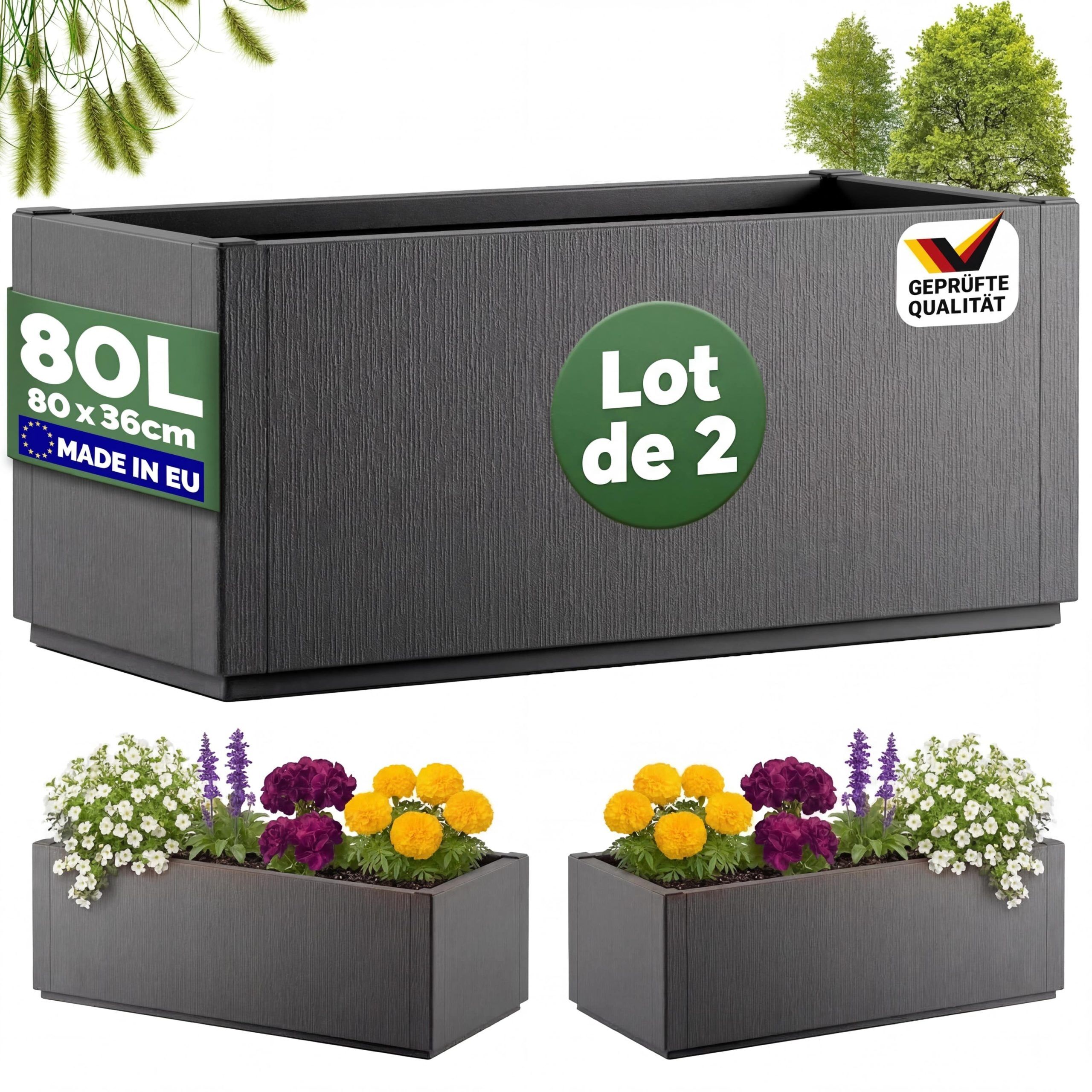 Blumentopf Ethica 2er-Set Anthrazit Kunststoff 80x36x36cm