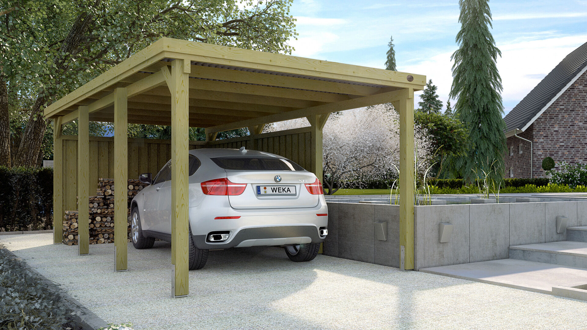 weka Flachdach-Einzelcarport 617 Gr.2 mit PVC-Dachplatten